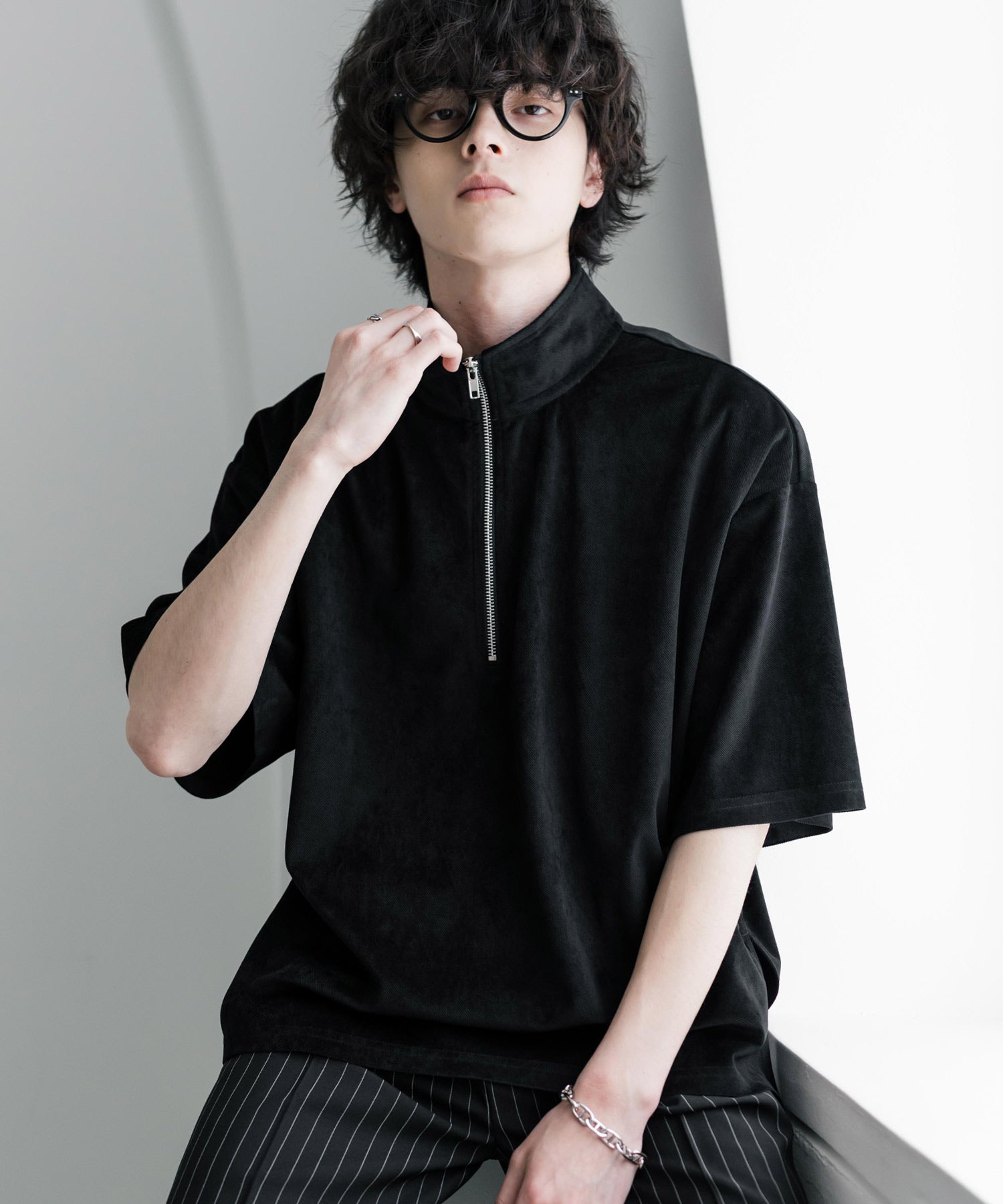 ロッキーモンロー Rocky Monroe Tシャツ フェイクスエード ハーフジップ 半袖 メンズ レディース カットソー プルオーバー オーバーサイズ  重ね着 起毛感 無地  韓国 15634 （ブルー） ブルー