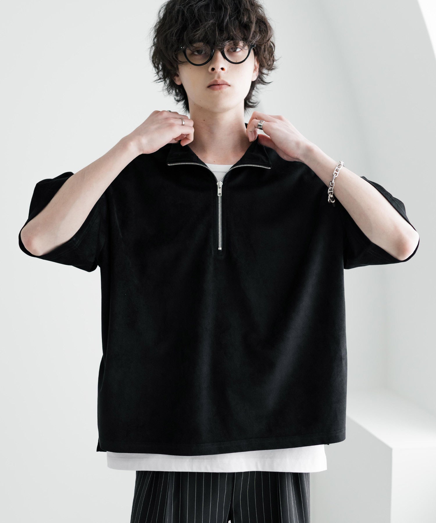 ロッキーモンロー Rocky Monroe Tシャツ フェイクスエード ハーフジップ 半袖 メンズ レディース カットソー プルオーバー オーバーサイズ  重ね着 起毛感 無地  韓国 15634 （ブルー） ブルー