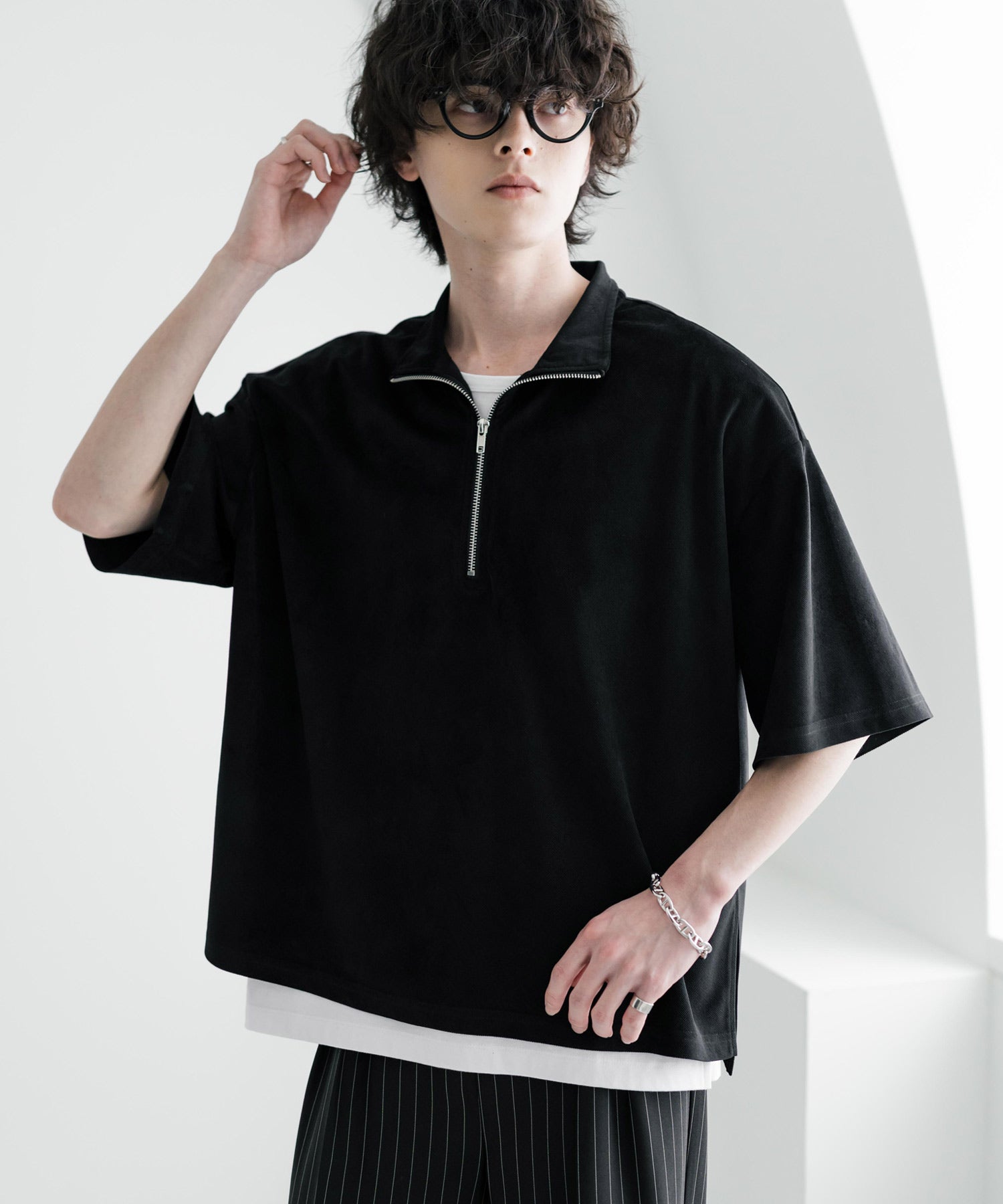 ロッキーモンロー Rocky Monroe Tシャツ フェイクスエード ハーフジップ 半袖 メンズ レディース カットソー プルオーバー オーバーサイズ  重ね着 起毛感 無地  韓国 15634 （ブルー） ブルー