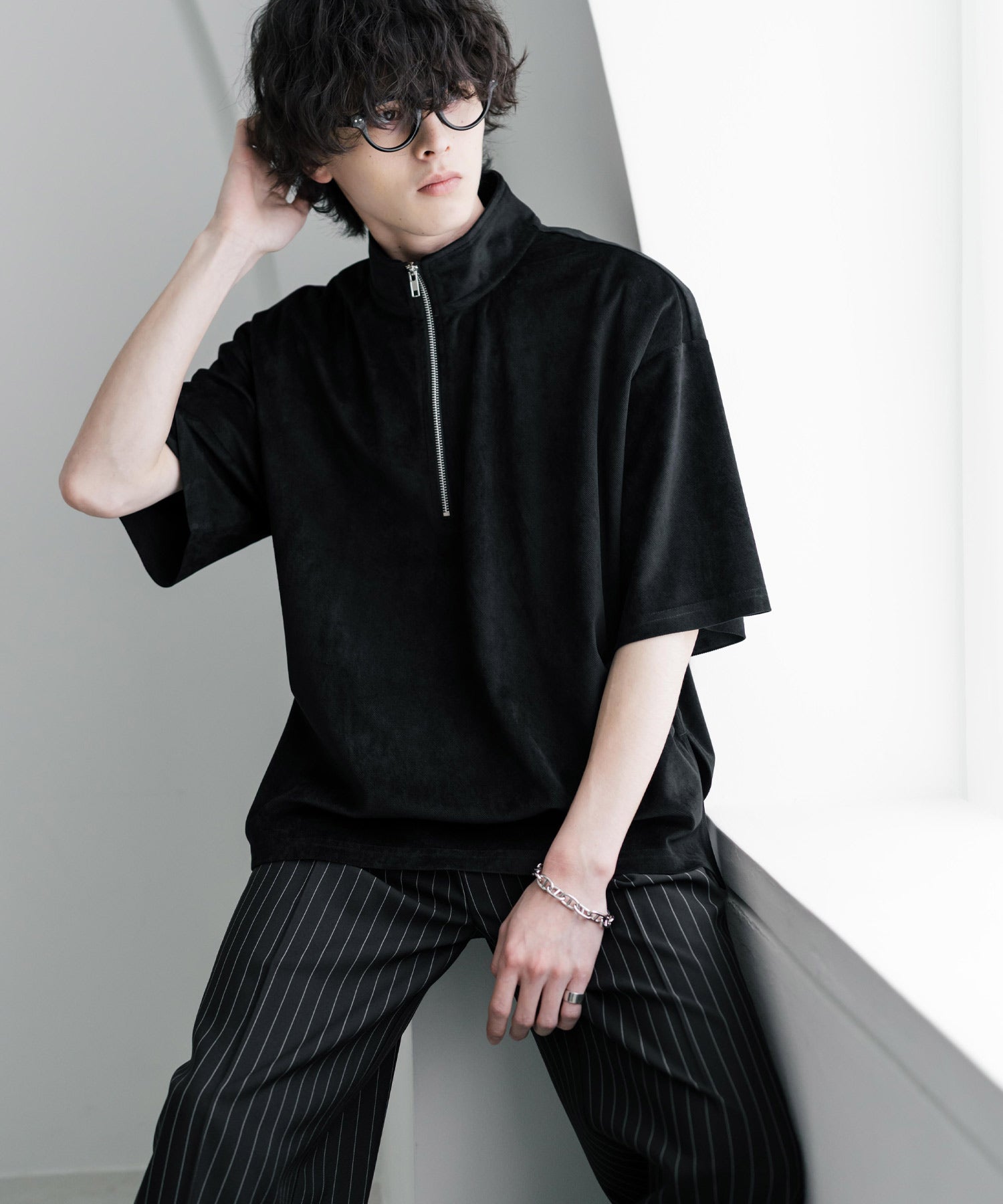 ロッキーモンロー Rocky Monroe Tシャツ フェイクスエード ハーフジップ 半袖 メンズ レディース カットソー プルオーバー オーバーサイズ  重ね着 起毛感 無地  韓国 15634 （ブルー） ブルー