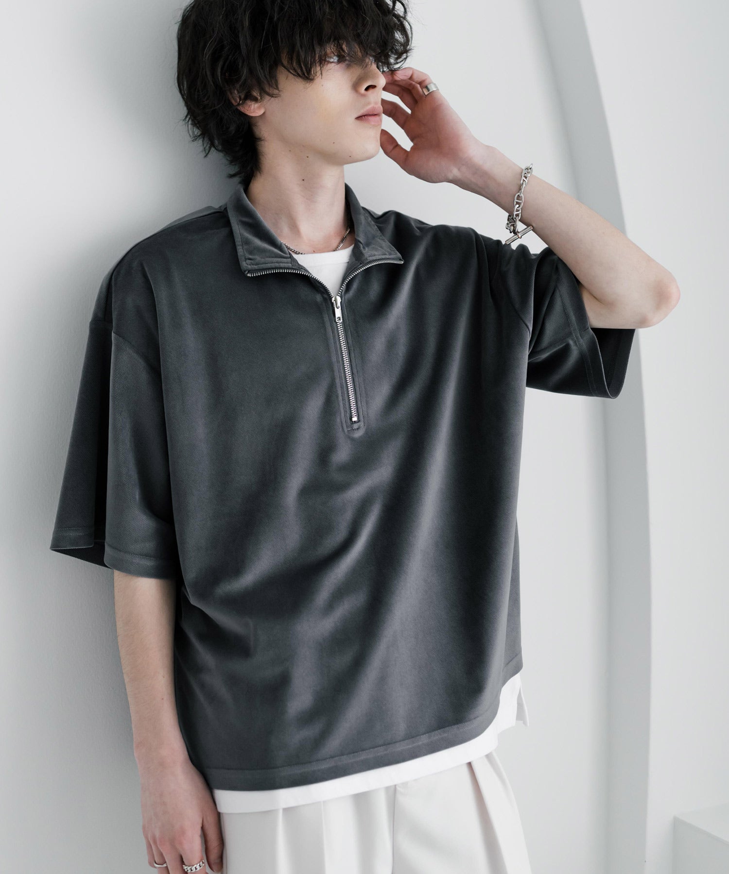 ロッキーモンロー Rocky Monroe Tシャツ フェイクスエード ハーフジップ 半袖 メンズ レディース カットソー プルオーバー オーバーサイズ  重ね着 起毛感 無地  韓国 15634 （ブルー） ブルー
