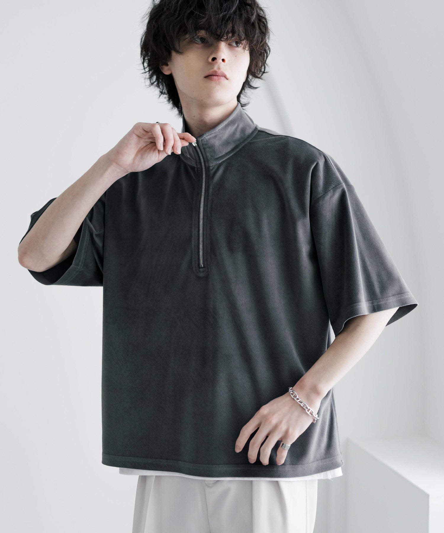 ロッキーモンロー Rocky Monroe Tシャツ フェイクスエード ハーフジップ 半袖 メンズ レディース カットソー プルオーバー オーバーサイズ  重ね着 起毛感 無地  韓国 15634 （ブルー） ブルー