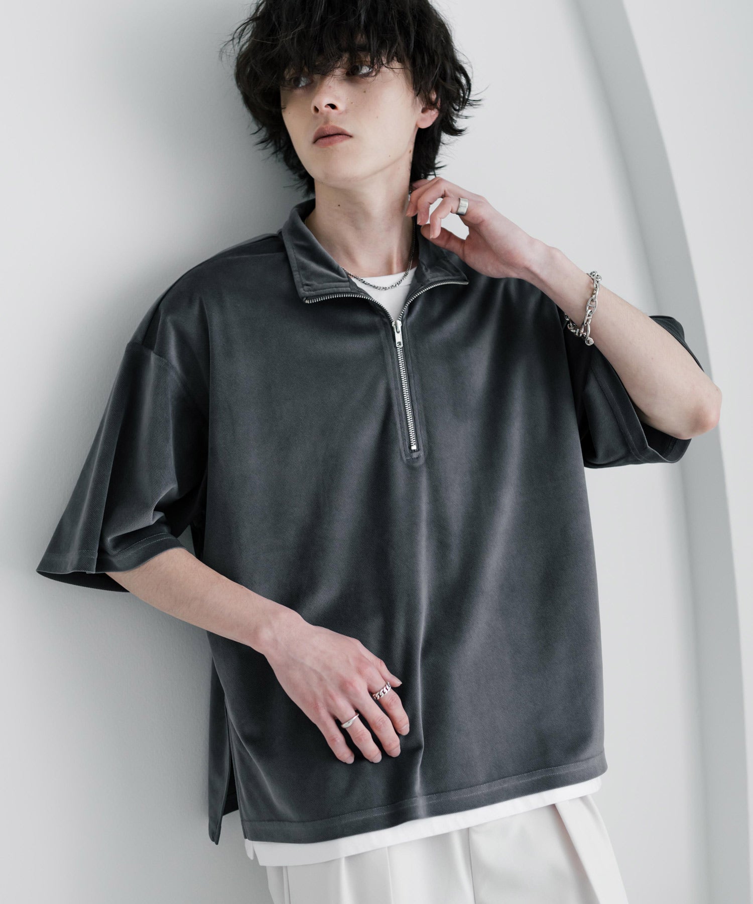 ロッキーモンロー Rocky Monroe Tシャツ フェイクスエード ハーフジップ 半袖 メンズ レディース カットソー プルオーバー オーバーサイズ  重ね着 起毛感 無地  韓国 15634 （ブルー） ブルー