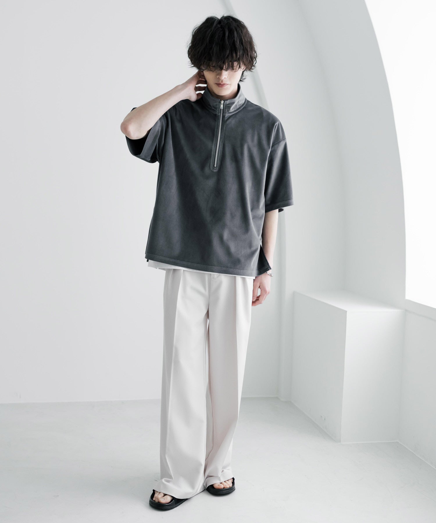 ロッキーモンロー Rocky Monroe Tシャツ フェイクスエード ハーフジップ 半袖 メンズ レディース カットソー プルオーバー オーバーサイズ  重ね着 起毛感 無地  韓国 15634 （ブルー） ブルー