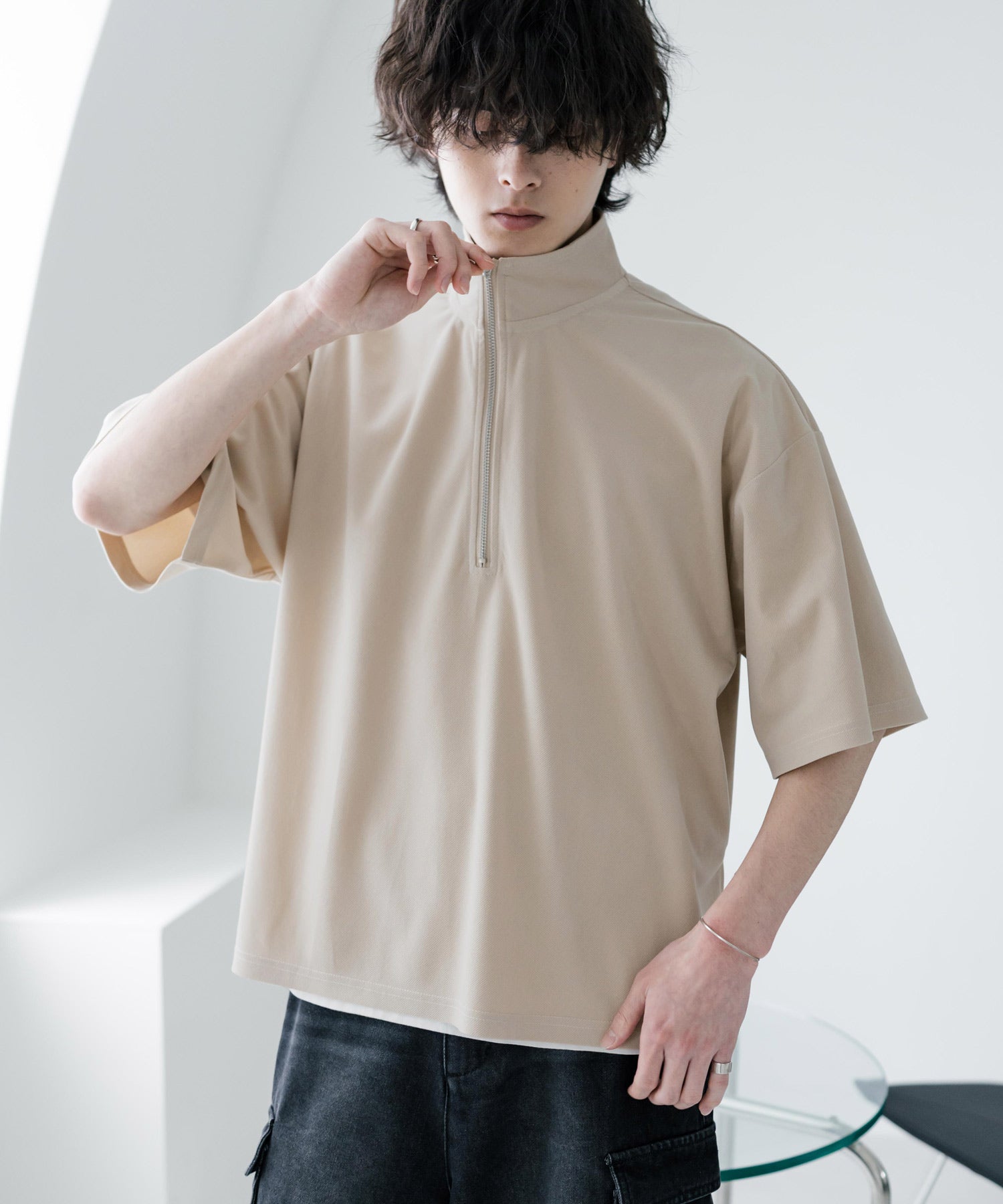 ロッキーモンロー Rocky Monroe Tシャツ フェイクスエード ハーフジップ 半袖 メンズ レディース カットソー プルオーバー オーバーサイズ  重ね着 起毛感 無地  韓国 15634 （ブルー） ブルー