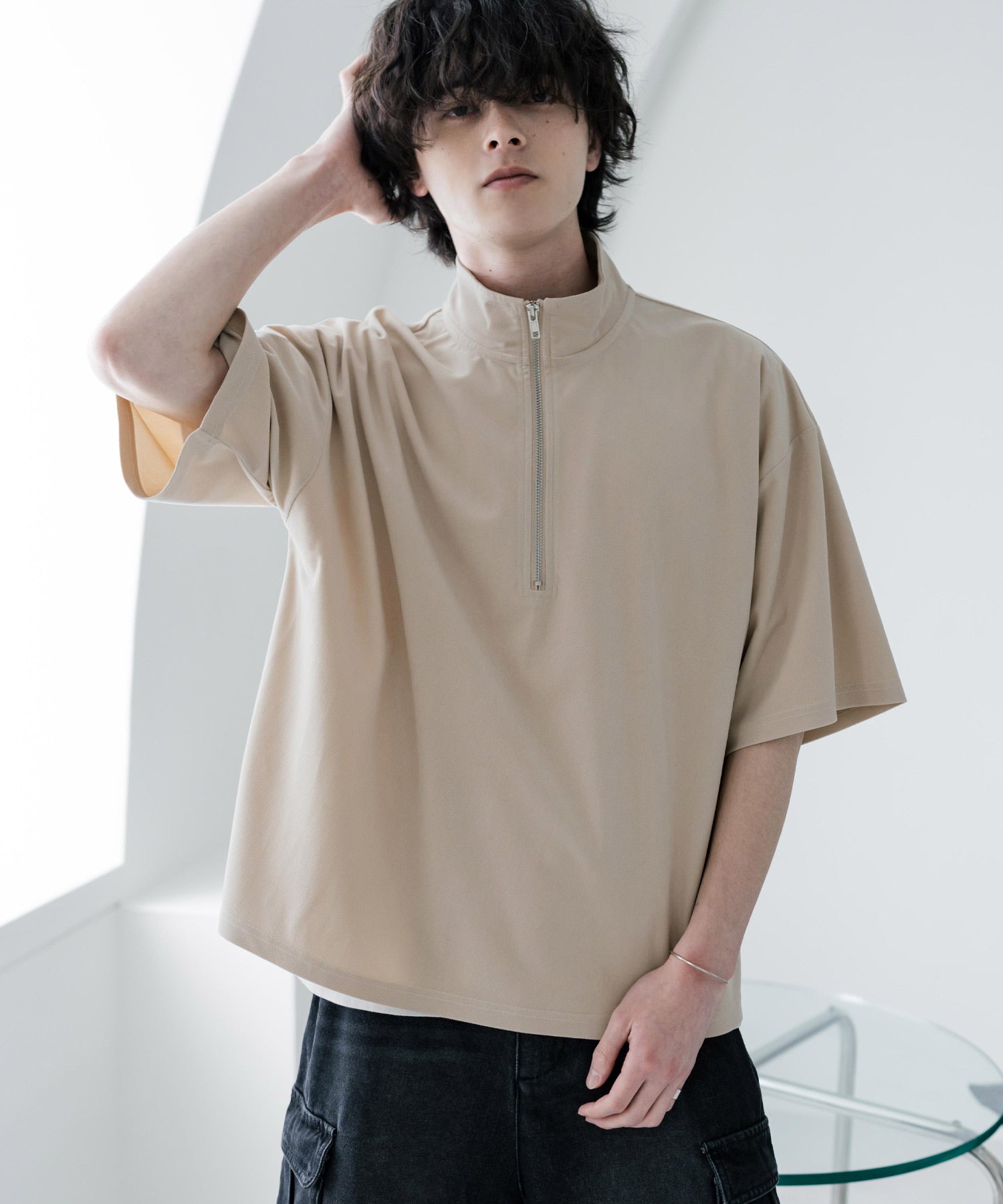 ロッキーモンロー Rocky Monroe Tシャツ フェイクスエード ハーフジップ 半袖 メンズ レディース カットソー プルオーバー オーバーサイズ  重ね着 起毛感 無地  韓国 15634 （ブルー） ブルー
