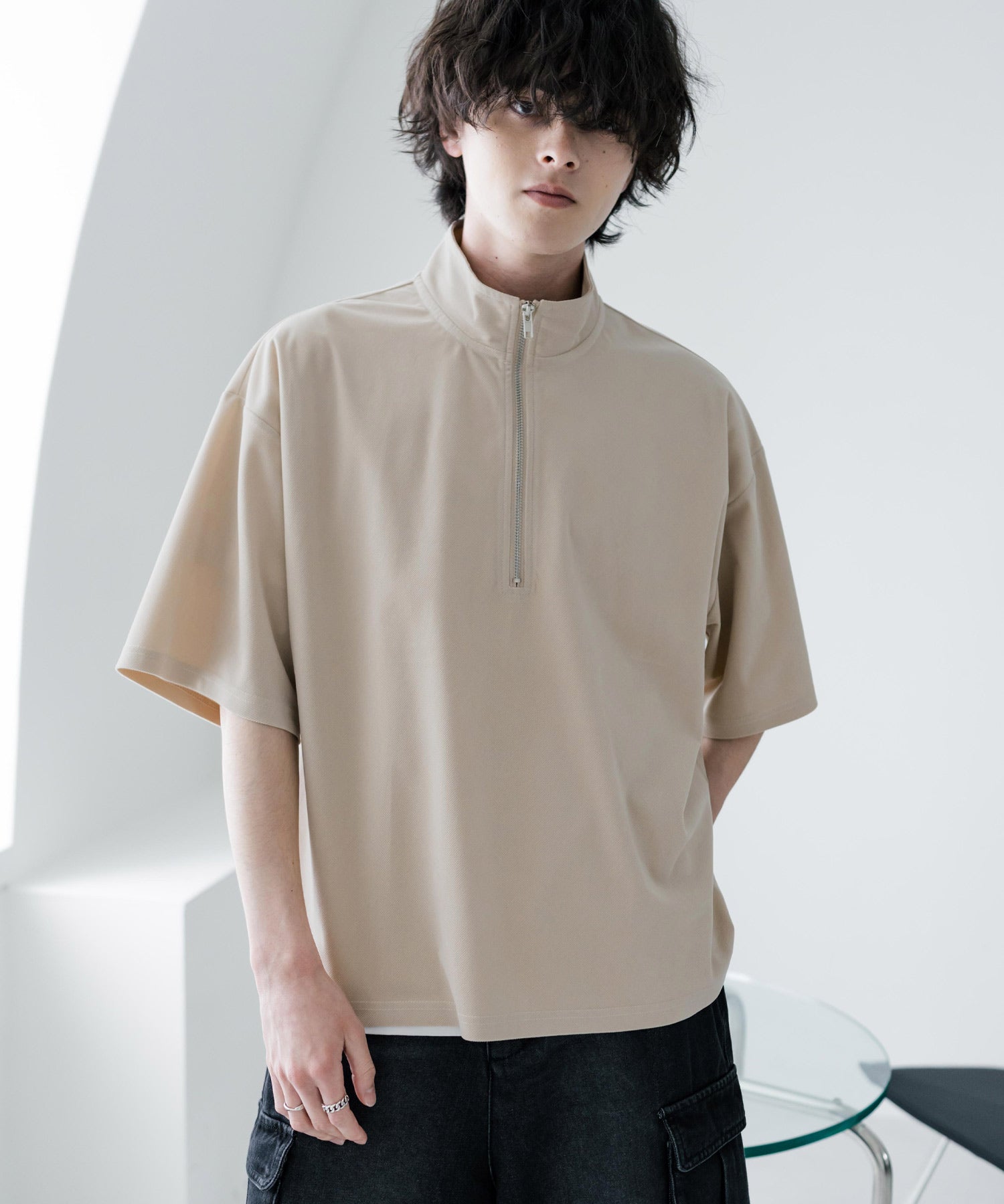ロッキーモンロー Rocky Monroe Tシャツ フェイクスエード ハーフジップ 半袖 メンズ レディース カットソー プルオーバー オーバーサイズ  重ね着 起毛感 無地  韓国 15634 （ブルー） ブルー