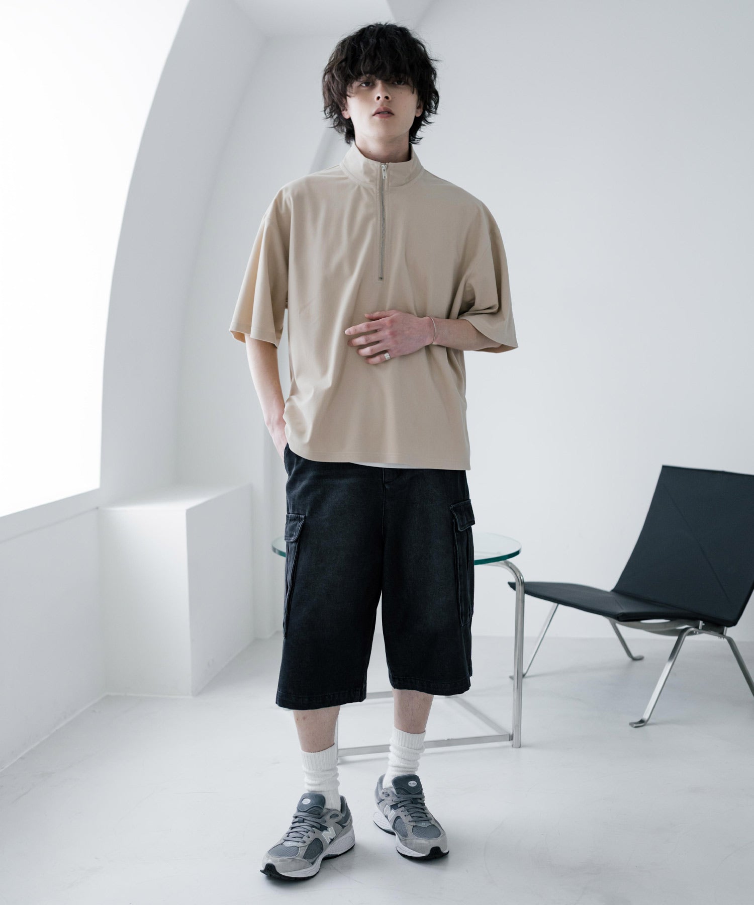 ロッキーモンロー Rocky Monroe Tシャツ フェイクスエード ハーフジップ 半袖 メンズ レディース カットソー プルオーバー オーバーサイズ  重ね着 起毛感 無地  韓国 15634 （ブルー） ブルー