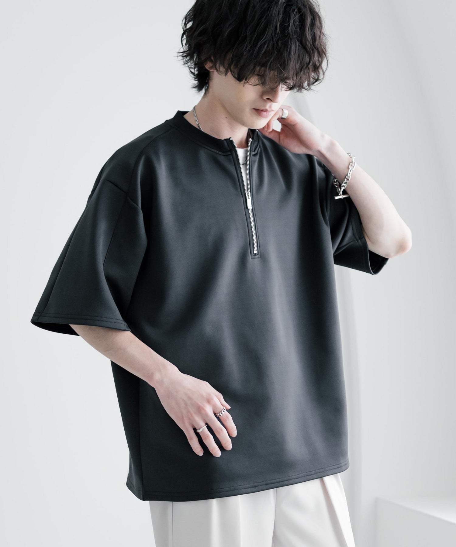 ロッキーモンロー Rocky Monroe 接触冷感 カットソー ダンボールニット ハーフジップ 半袖 ストレッチ メンズ レディース プルオーバー Tシャツ 半端丈 無地 オーバーサイズ 15624 （チャコール） チャコール
