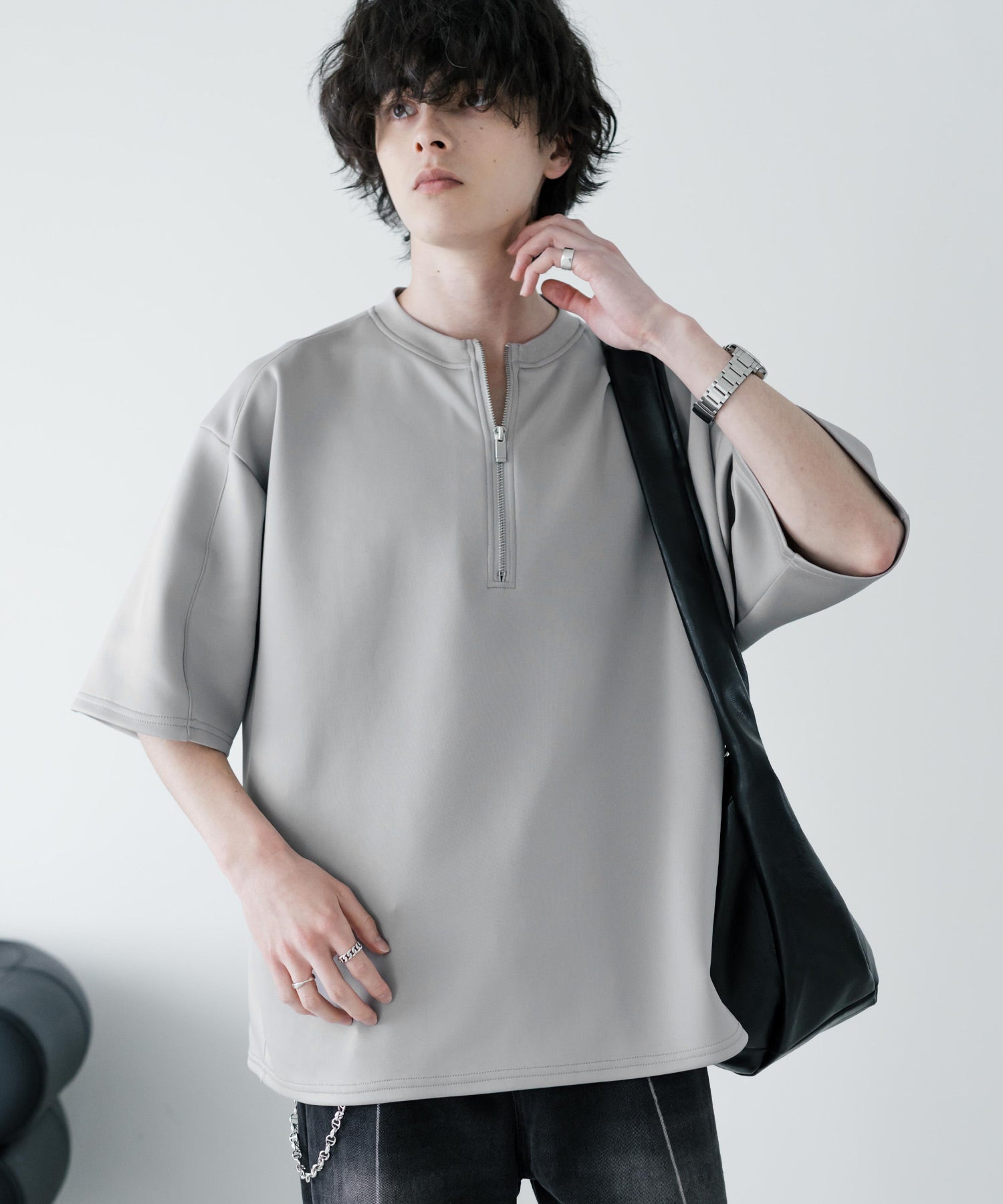 ロッキーモンロー Rocky Monroe 接触冷感 カットソー ダンボールニット ハーフジップ 半袖 ストレッチ メンズ レディース プルオーバー Tシャツ 半端丈 無地 オーバーサイズ 15624 （グレー） グレー