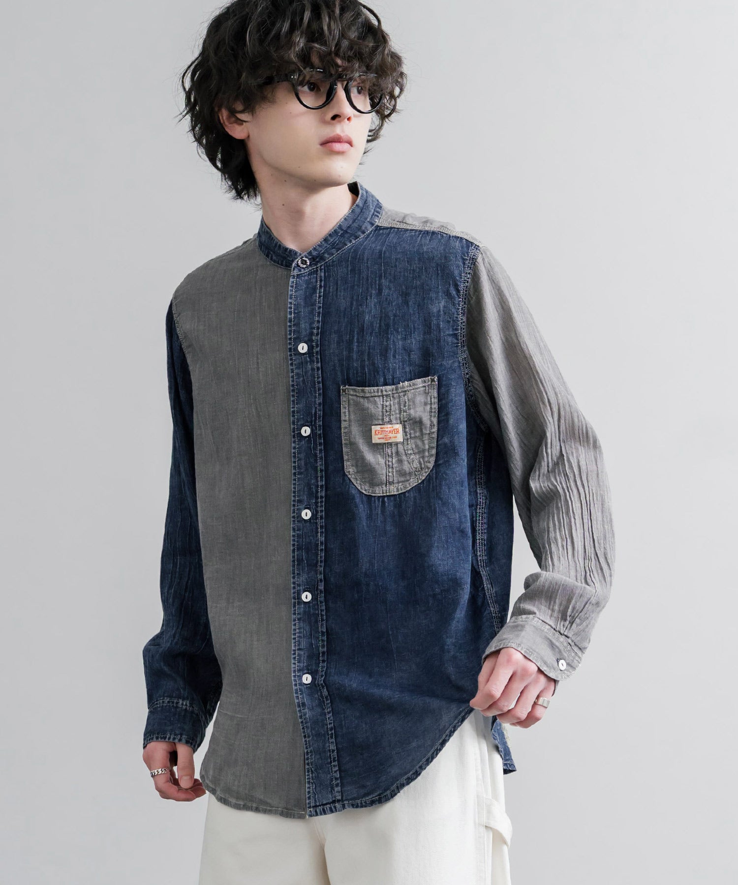 ロッキーモンロー Rocky Monroe デニムシャツ 長袖 バンドカラー 超軽量 メンズ レディース ライトデニム 2オンス オーバーサイズ ワーク KRIFF MAYER 2555107 16028 （90.マルチ） 90.マルチ