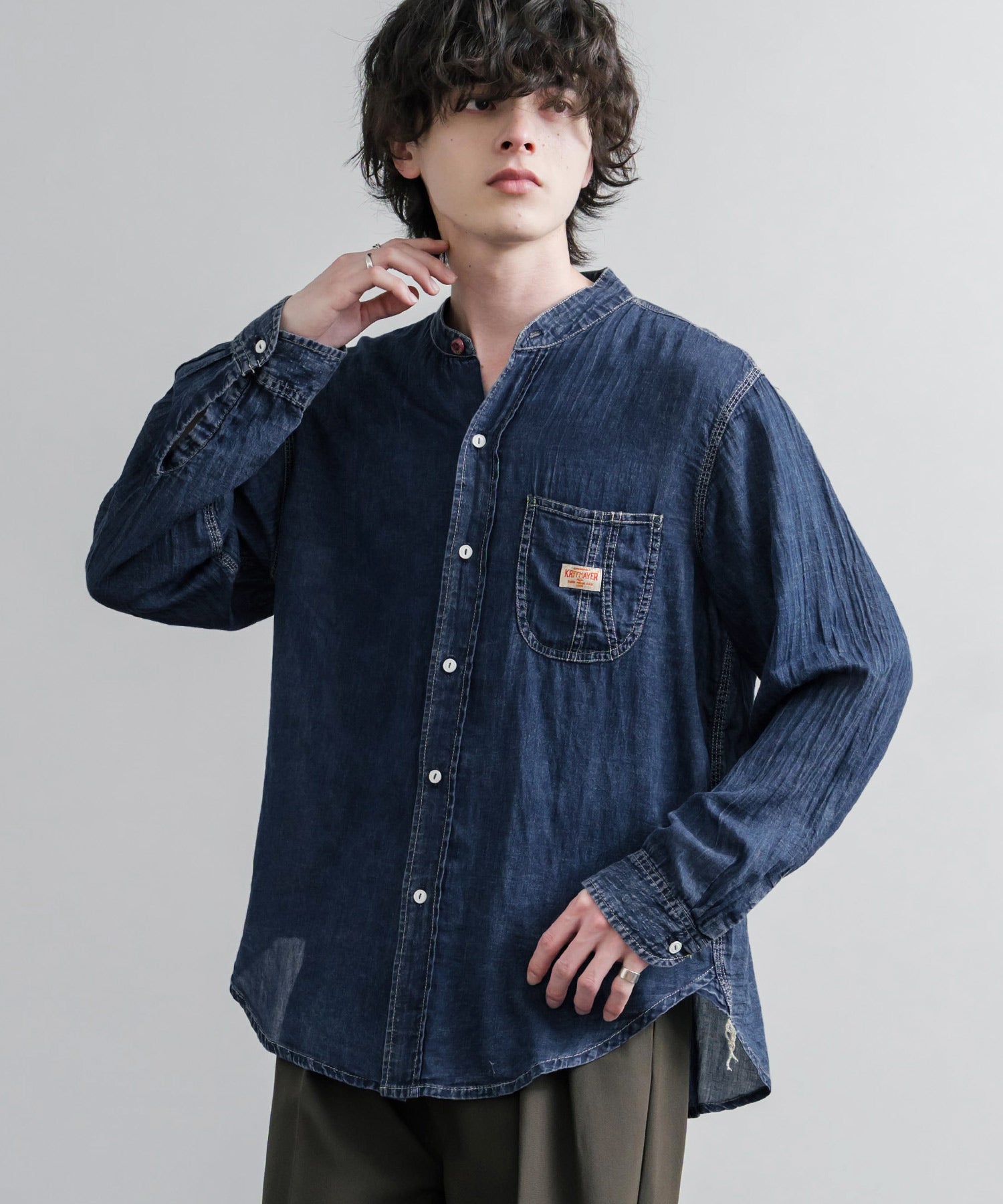 ロッキーモンロー Rocky Monroe デニムシャツ 長袖 バンドカラー 超軽量 メンズ レディース ライトデニム 2オンス オーバーサイズ ワーク KRIFF MAYER 2555107 16028 （72.ダークブルー） 72.ダークブルー