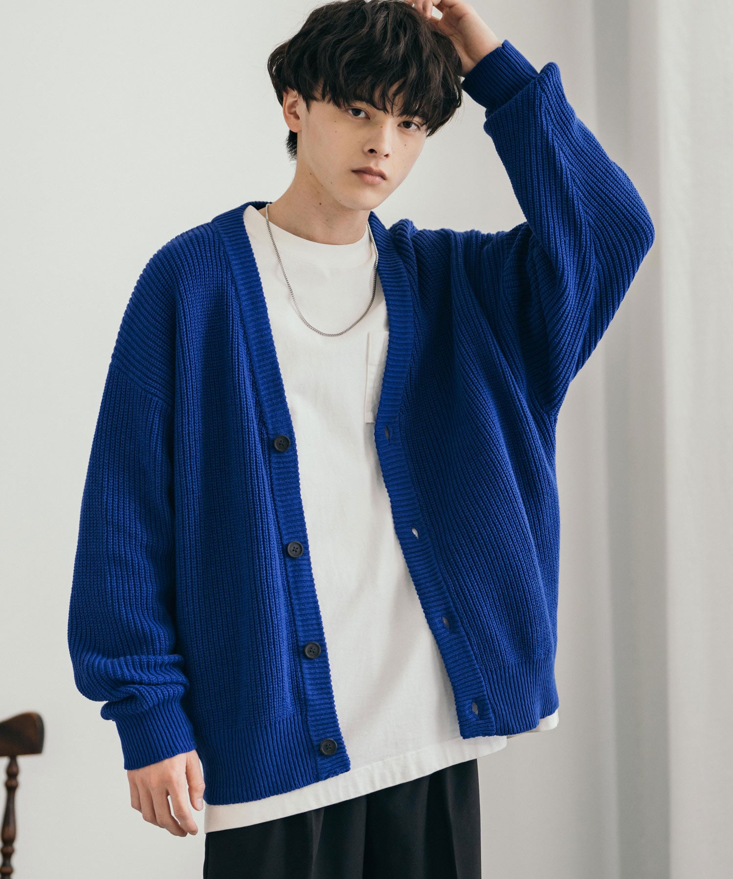 ロッキーモンロー Rocky Monroe ニットカーディガン メンズ レディース セーター 片畦編み ハイバルキー ウォッシャブル 羽織り ライトアウター オーバーサイズ ビッグシルエット カジュアル  （ロイヤルブルー） ロイヤルブルー