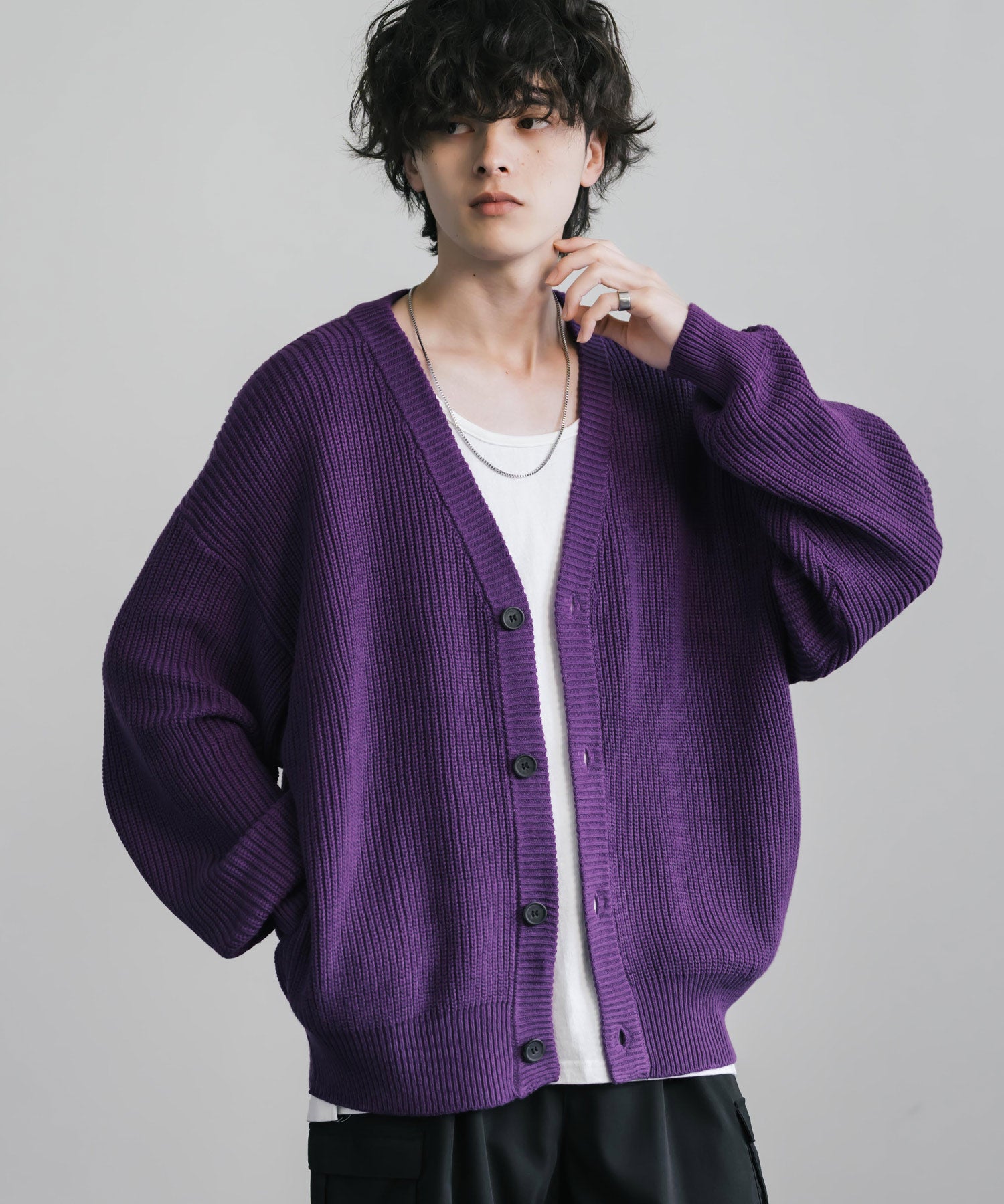 ロッキーモンロー Rocky Monroe ニットカーディガン メンズ レディース セーター 片畦編み ハイバルキー ウォッシャブル 羽織り ライトアウター オーバーサイズ ビッグシルエット カジュアル  （パープル） パープル