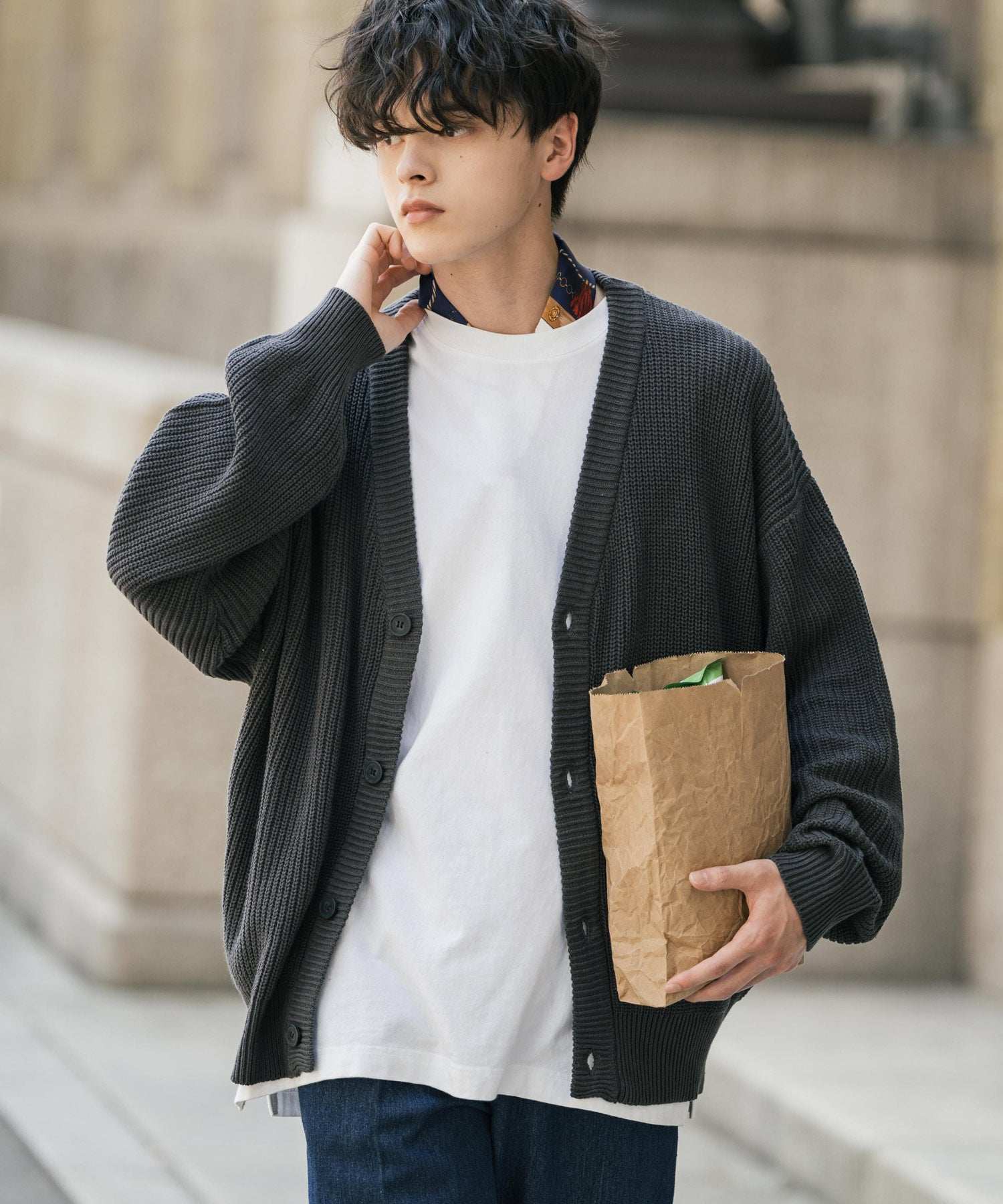 ロッキーモンロー Rocky Monroe ニットカーディガン メンズ レディース セーター 片畦編み ハイバルキー ウォッシャブル 羽織り ライトアウター オーバーサイズ ビッグシルエット カジュアル,チャコール