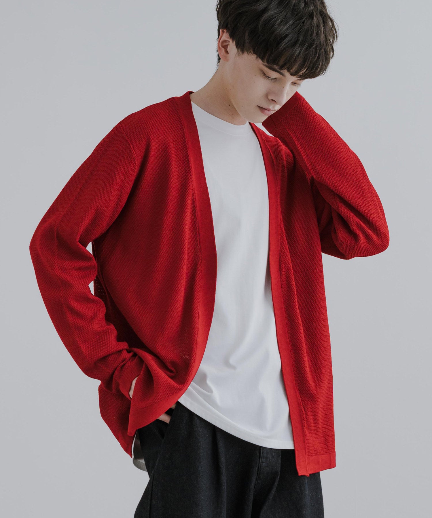 Rocky Monroe Buttonless Cardigan Linen Touch Men's Women's Casual Big Silhouette Plain Simple Pair Matching Relaxed Loose Pique Knit Polo Fabric