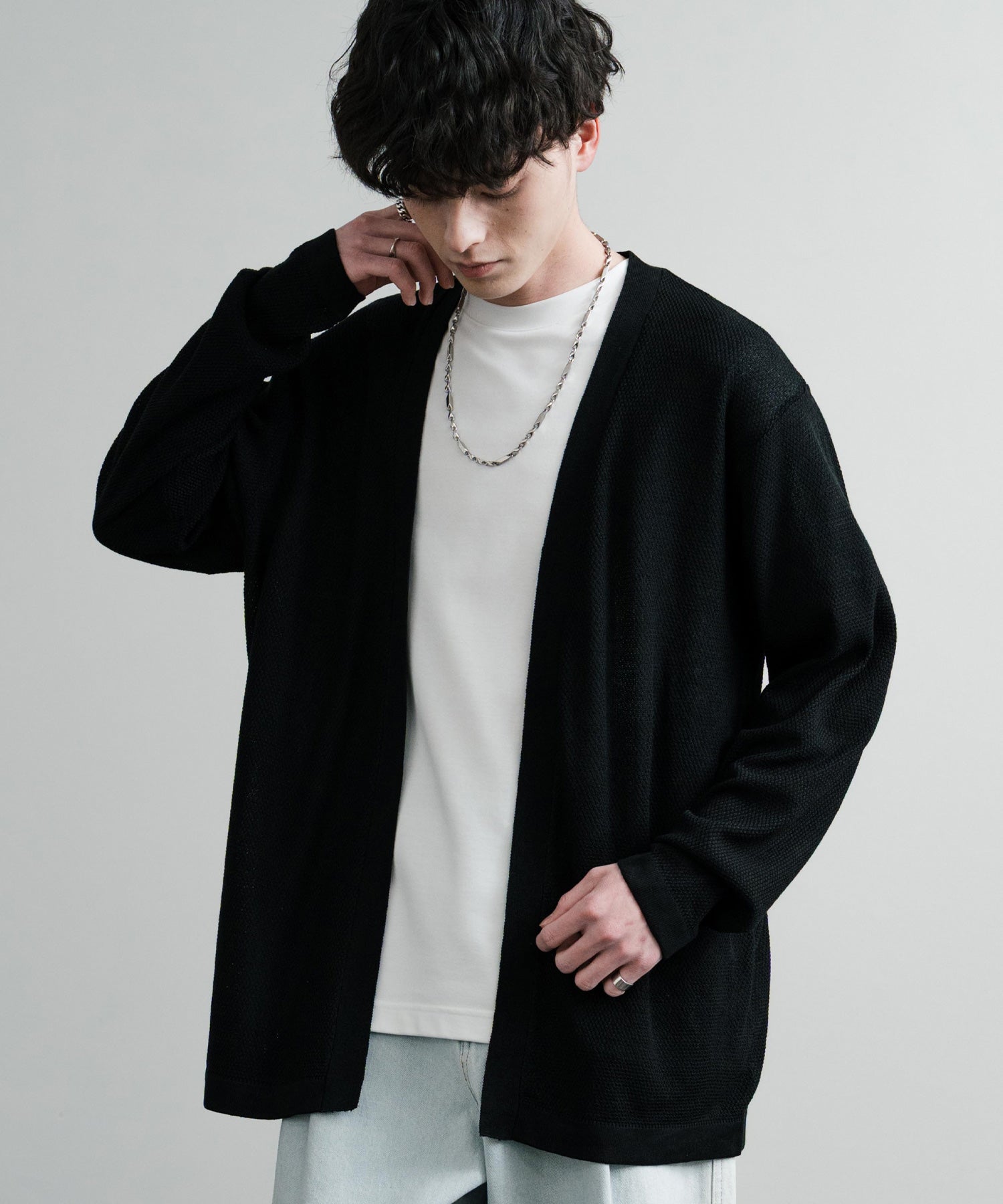 Rocky Monroe Buttonless Cardigan Linen Touch Men's Women's Casual Big Silhouette Plain Simple Pair Matching Relaxed Loose Pique Knit Polo Fabric