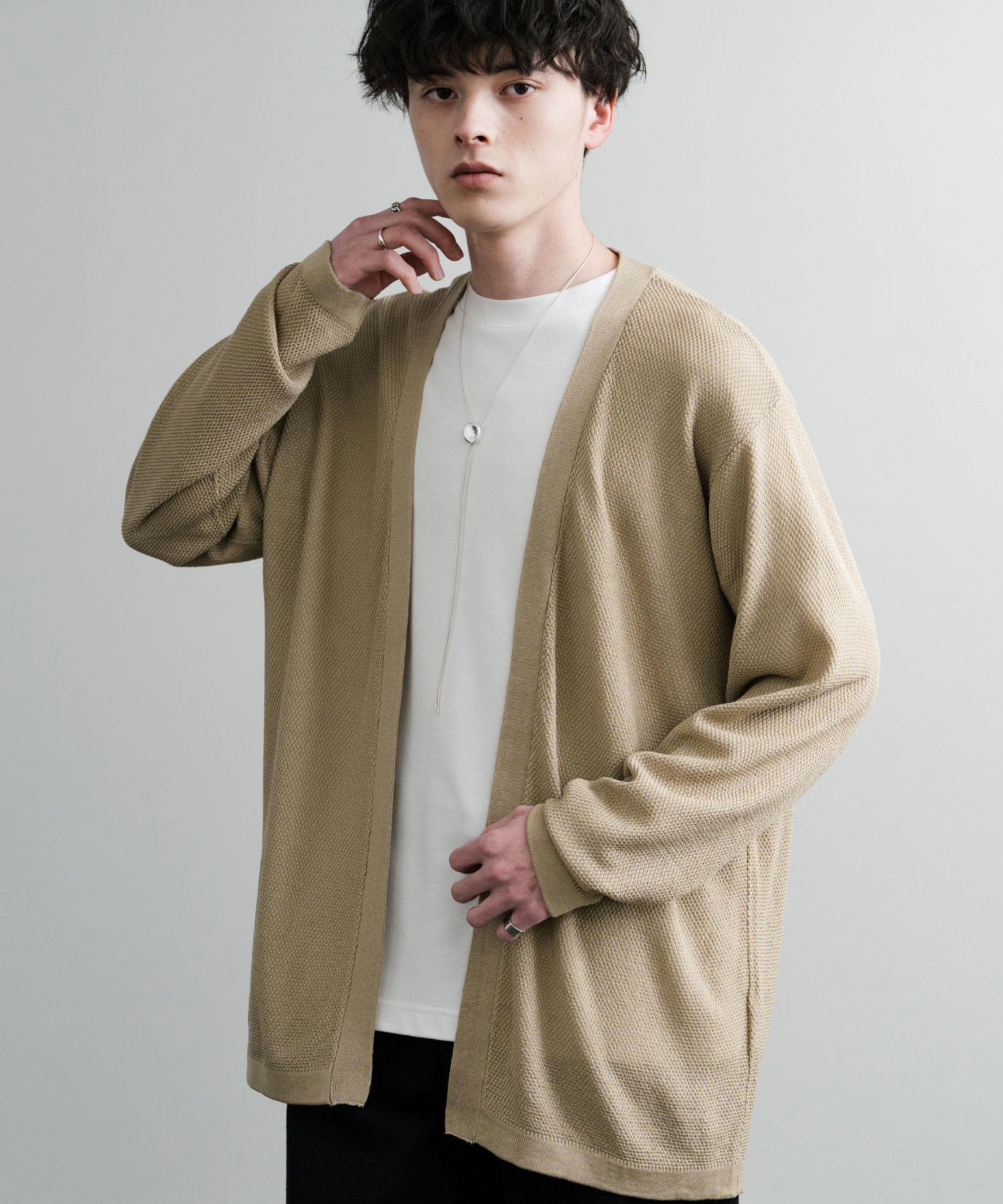 Rocky Monroe Buttonless Cardigan Linen Touch Men's Women's Casual Big Silhouette Plain Simple Pair Matching Relaxed Loose Pique Knit Polo Fabric