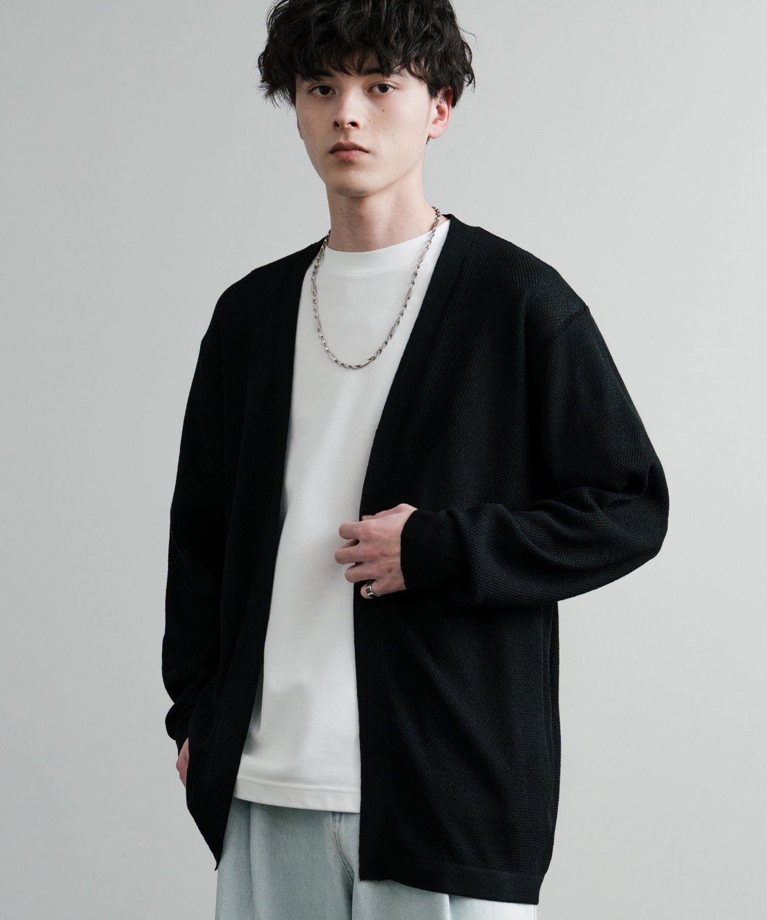 Rocky Monroe Buttonless Cardigan Linen Touch Men's Women's Casual Big Silhouette Plain Simple Pair Matching Relaxed Loose Pique Knit Polo Fabric