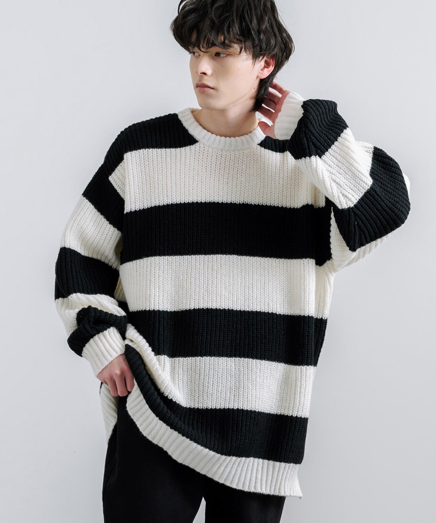 ロッキーモンロー Rocky Monroe ボーダーニット 片畦編み プルオーバー メンズ レディース サイドスリット 長袖 オーバーサイズ ビッグシルエット ゆったり ルーズ ゆるカジ クルーネック カ