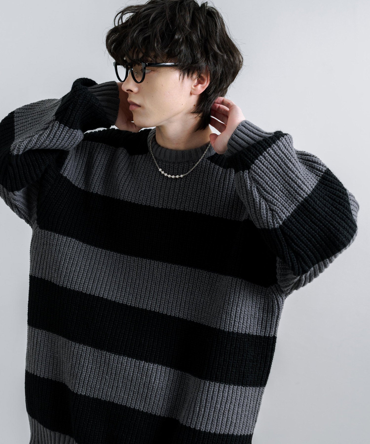 ロッキーモンロー Rocky Monroe ボーダーニット 片畦編み プルオーバー メンズ レディース サイドスリット 長袖 オーバーサイズ ビッグシルエット ゆったり ルーズ ゆるカジ クルーネック カ