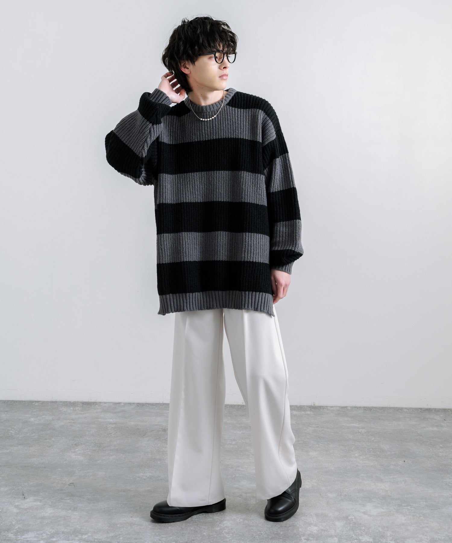 ロッキーモンロー Rocky Monroe ボーダーニット 片畦編み プルオーバー メンズ レディース サイドスリット 長袖 オーバーサイズ ビッグシルエット ゆったり ルーズ ゆるカジ クルーネック カ