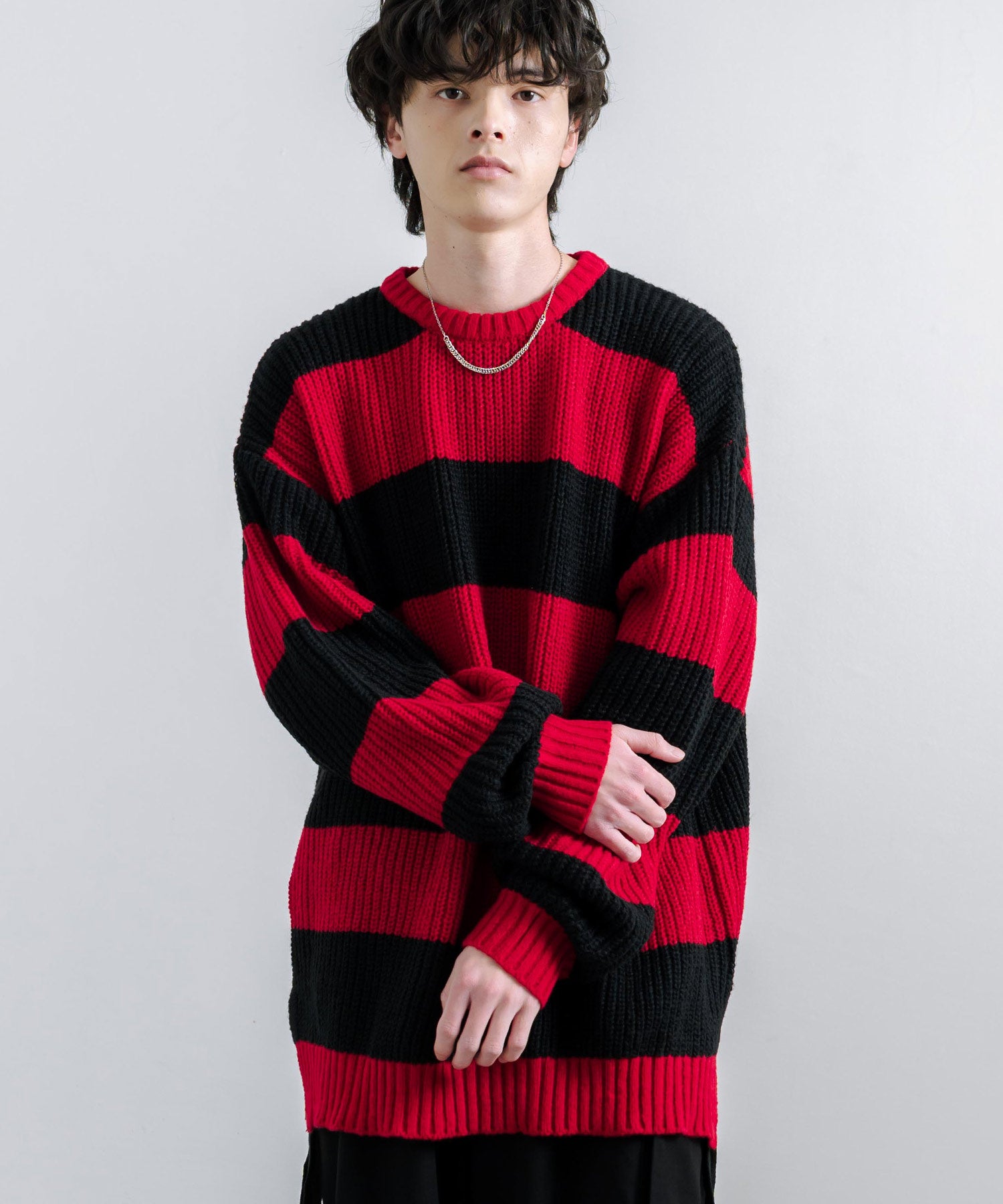 ロッキーモンロー Rocky Monroe ボーダーニット 片畦編み プルオーバー メンズ レディース サイドスリット 長袖 オーバーサイズ ビッグシルエット ゆったり ルーズ ゆるカジ クルーネック カ