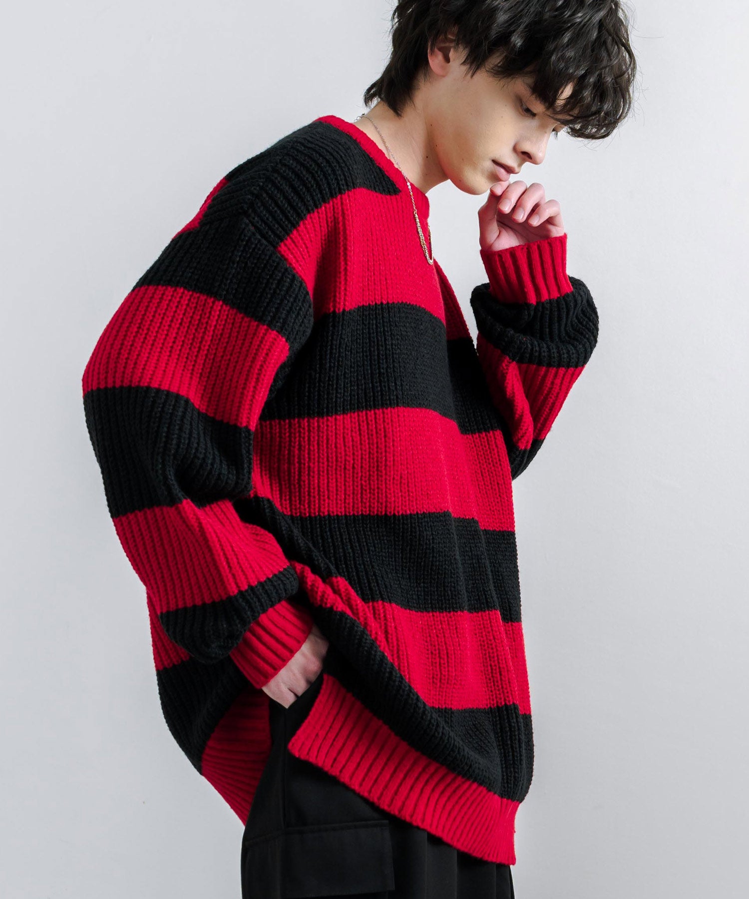 ロッキーモンロー Rocky Monroe ボーダーニット 片畦編み プルオーバー メンズ レディース サイドスリット 長袖 オーバーサイズ ビッグシルエット ゆったり ルーズ ゆるカジ クルーネック カ