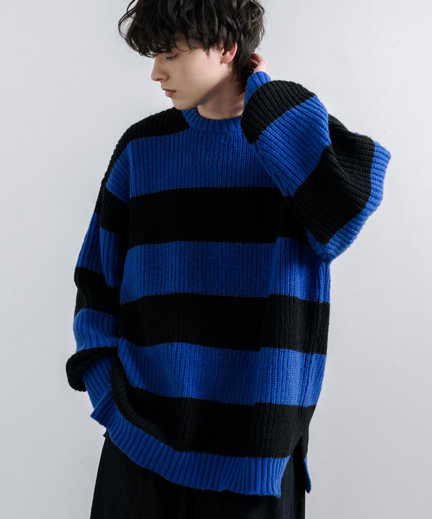 ロッキーモンロー Rocky Monroe ボーダーニット 片畦編み プルオーバー メンズ レディース サイドスリット 長袖 オーバーサイズ ビッグシルエット ゆったり ルーズ ゆるカジ クルーネック カ