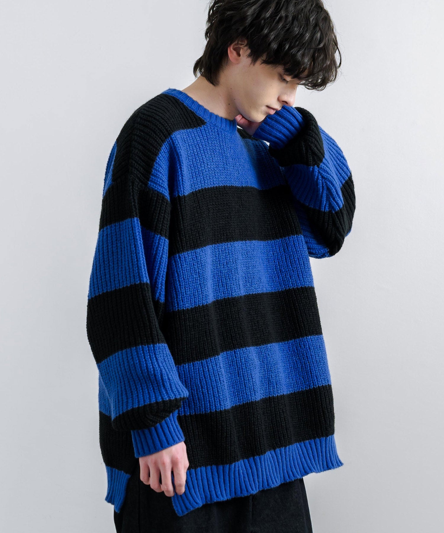 ロッキーモンロー Rocky Monroe ボーダーニット 片畦編み プルオーバー メンズ レディース サイドスリット 長袖 オーバーサイズ ビッグシルエット ゆったり ルーズ ゆるカジ クルーネック カ