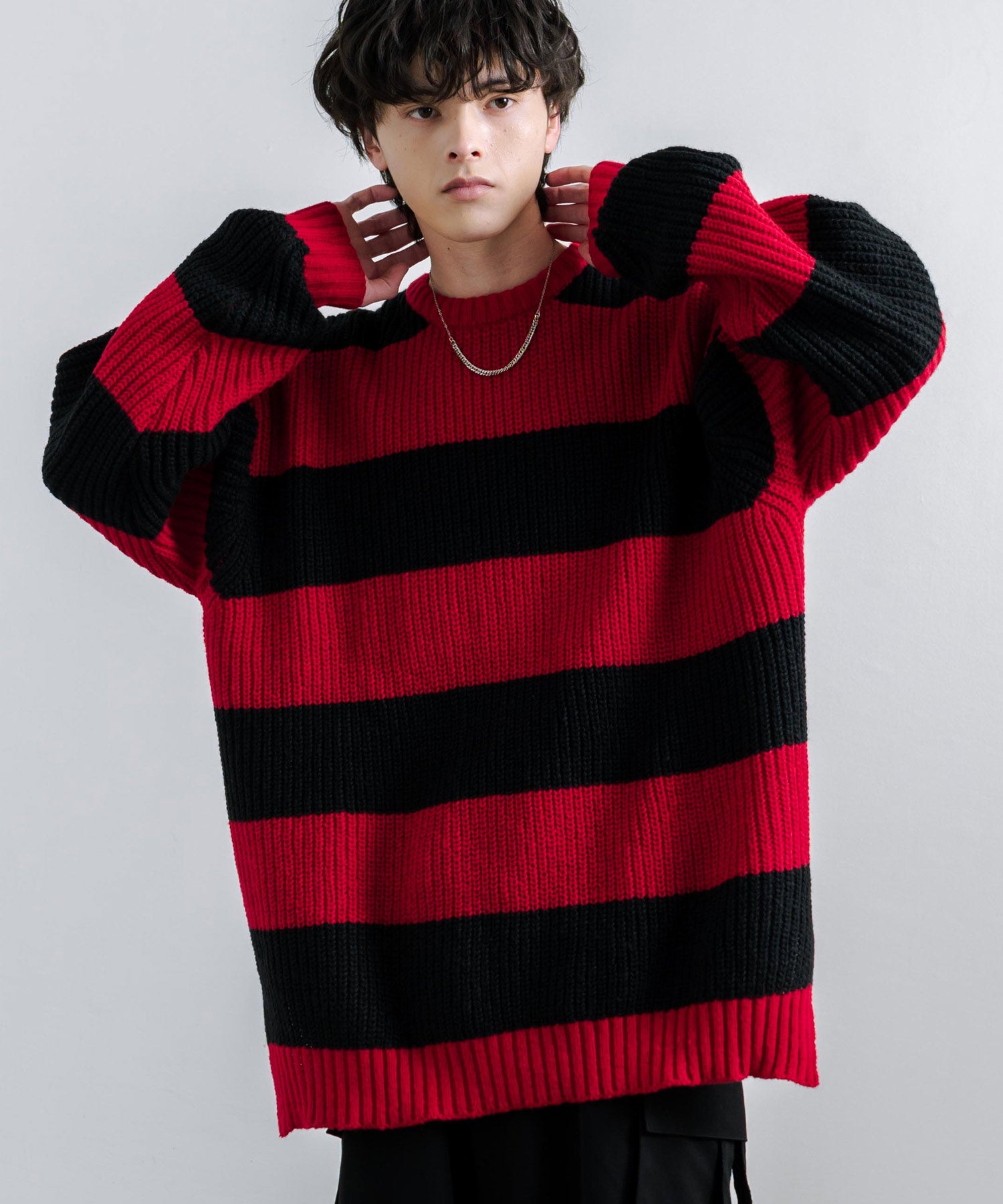 Rocky Monroe Border Knit Half Ribbed Pullover Men's Women's Side Slit Long Sleeve Oversized Big Silhouette Loose Relaxed Casual Crew Neck