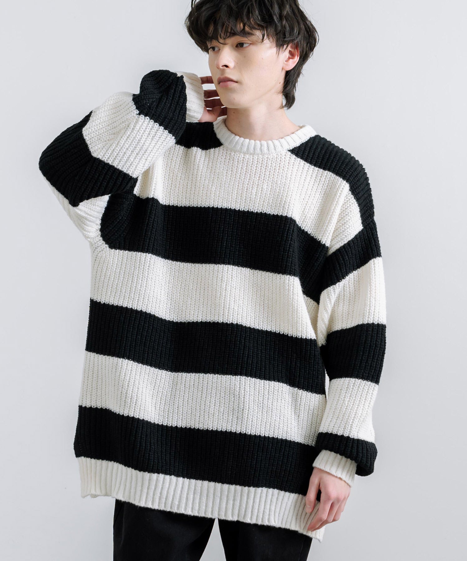 Rocky Monroe Border Knit Half Ribbed Pullover Men's Women's Side Slit Long Sleeve Oversized Big Silhouette Loose Relaxed Casual Crew Neck