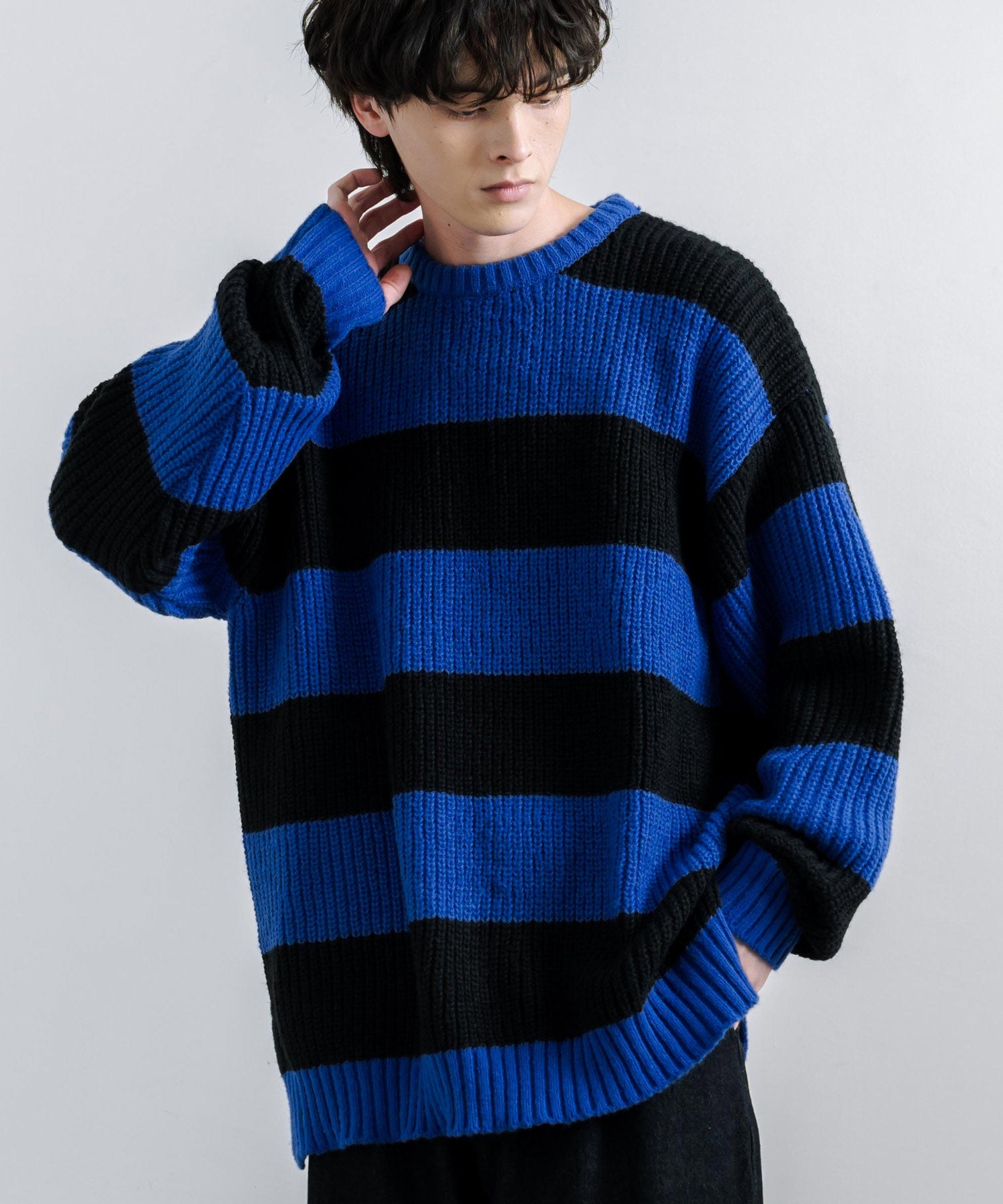 Rocky Monroe Border Knit Half Ribbed Pullover Men's Women's Side Slit Long Sleeve Oversized Big Silhouette Loose Relaxed Casual Crew Neck