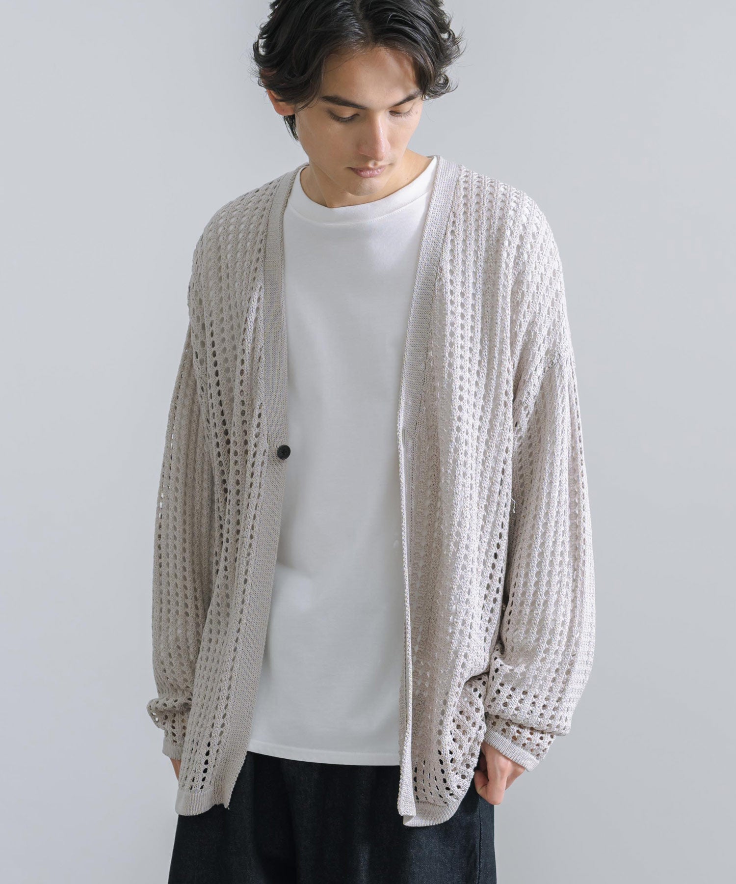 Rocky Monroe Cardigan Mesh Knit V-Neck Men’s Women’s Simple Casual Linen Touch Linen-Like Plain Summer Knit Big Silhouette Oversized