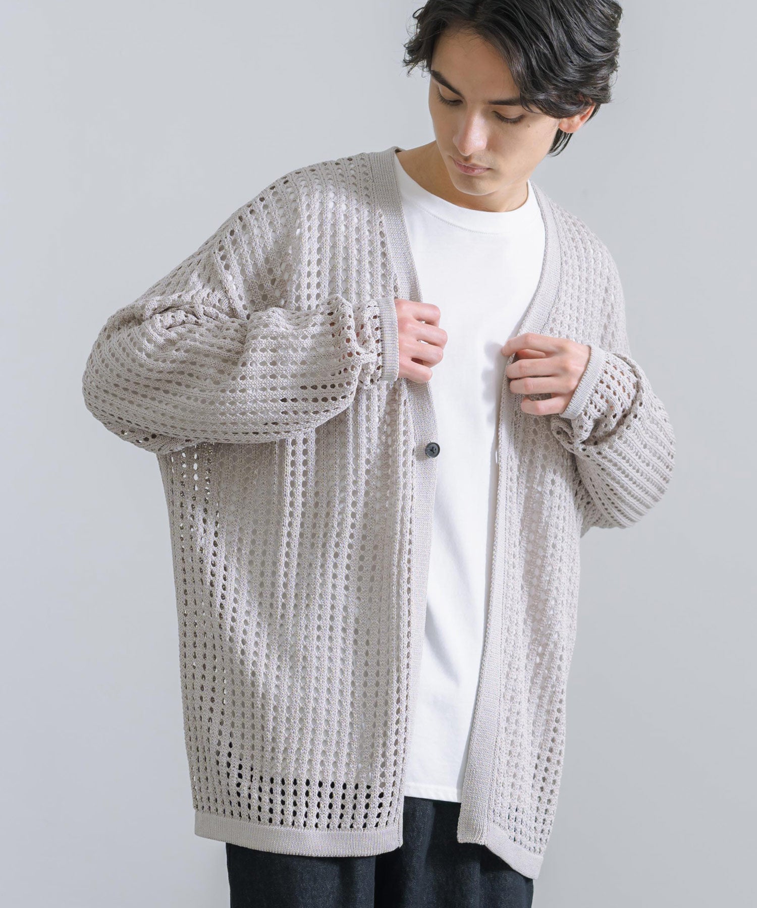 Rocky Monroe Cardigan Mesh Knit V-Neck Men’s Women’s Simple Casual Linen Touch Linen-Like Plain Summer Knit Big Silhouette Oversized