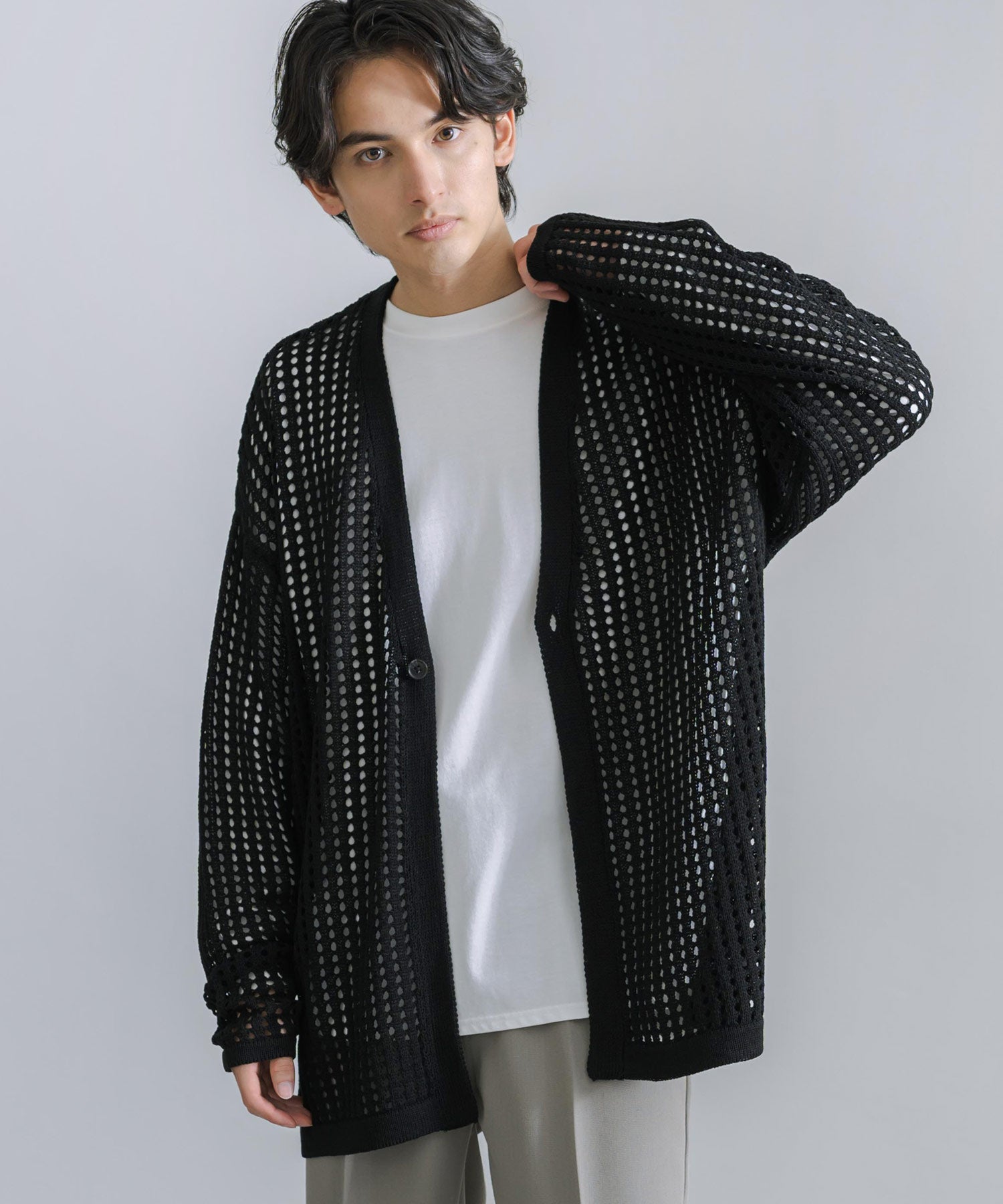 Rocky Monroe Cardigan Mesh Knit V-Neck Men’s Women’s Simple Casual Linen Touch Linen-Like Plain Summer Knit Big Silhouette Oversized