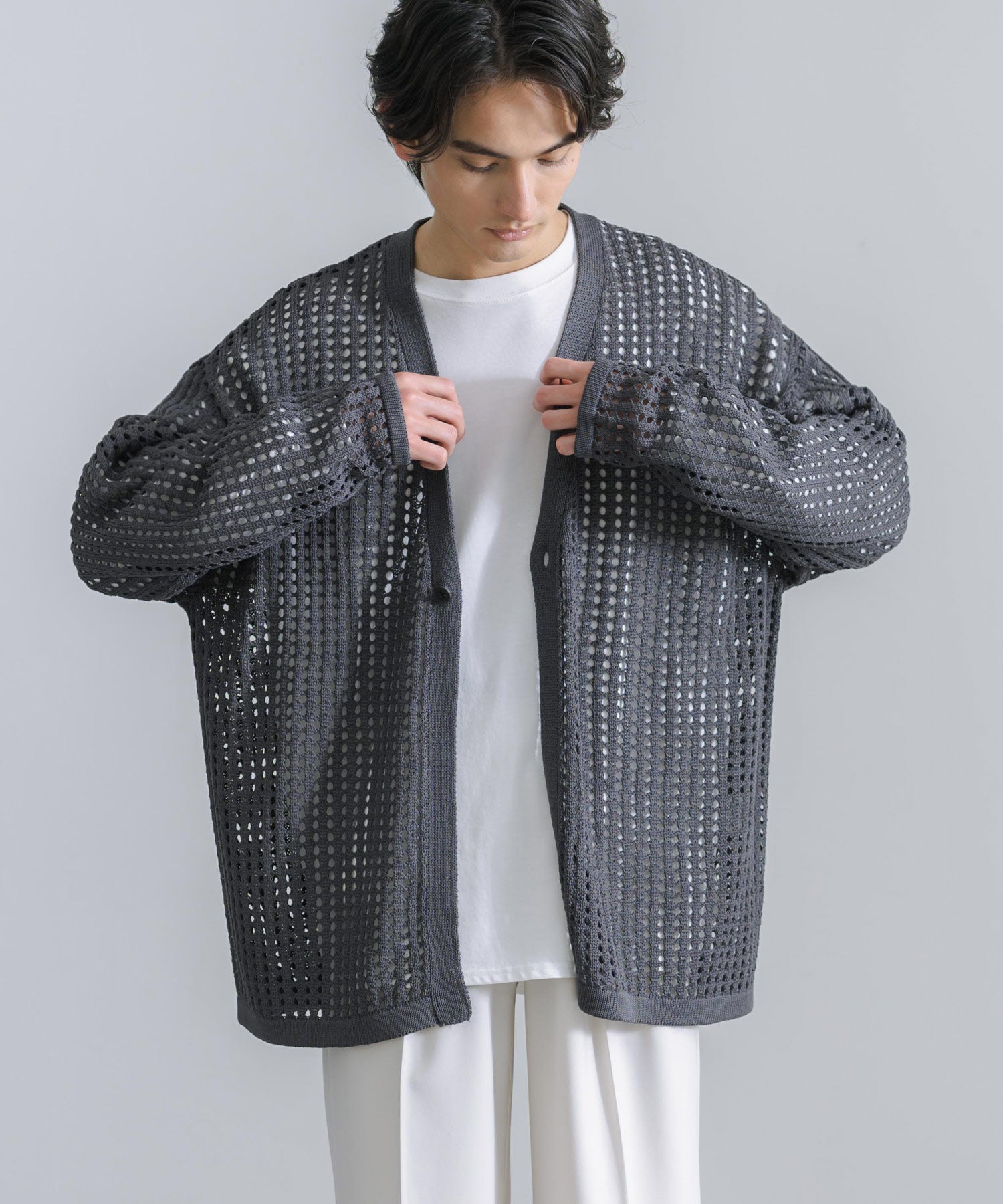 Rocky Monroe Cardigan Mesh Knit V-Neck Men’s Women’s Simple Casual Linen Touch Linen-Like Plain Summer Knit Big Silhouette Oversized