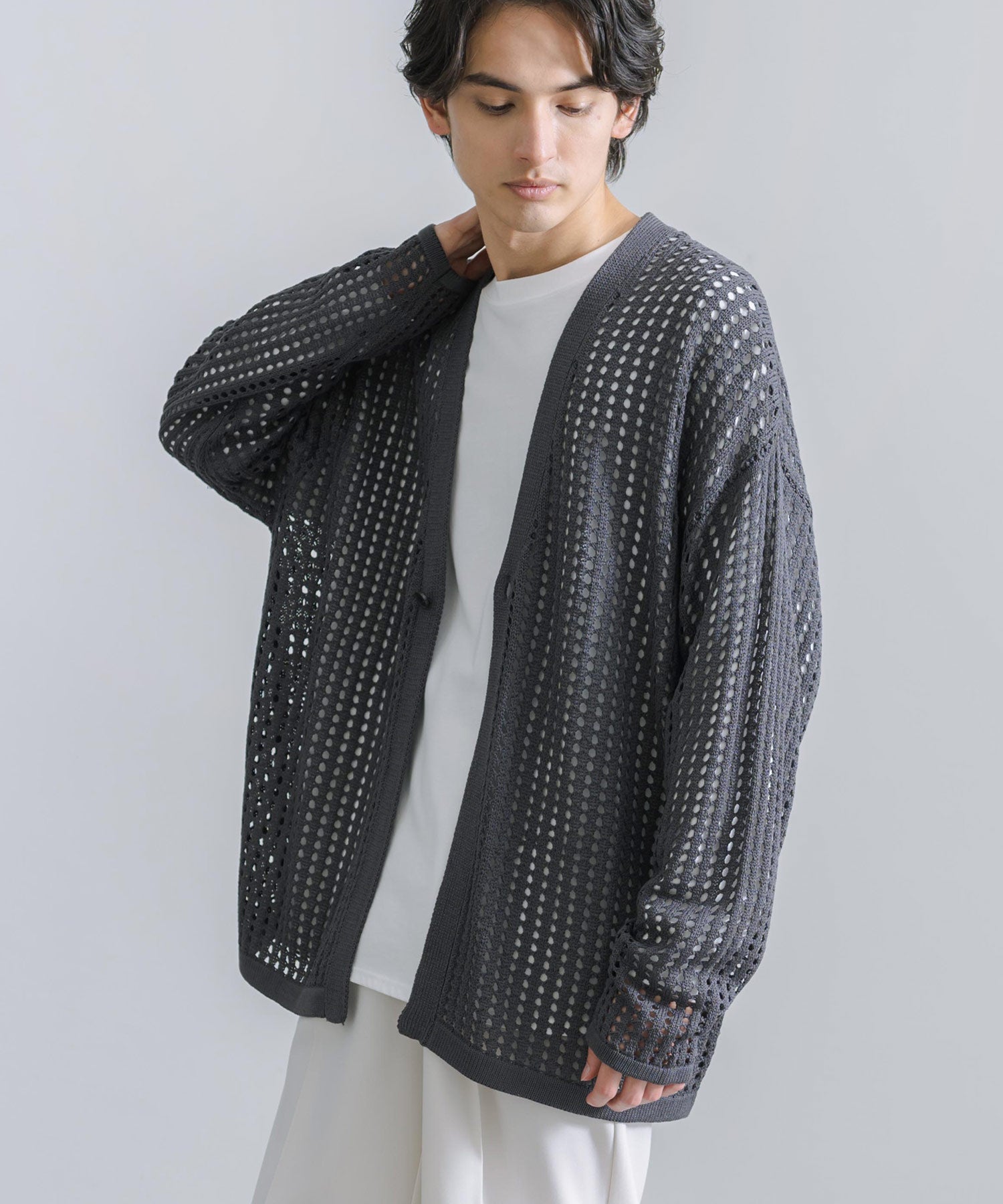 Rocky Monroe Cardigan Mesh Knit V-Neck Men’s Women’s Simple Casual Linen Touch Linen-Like Plain Summer Knit Big Silhouette Oversized
