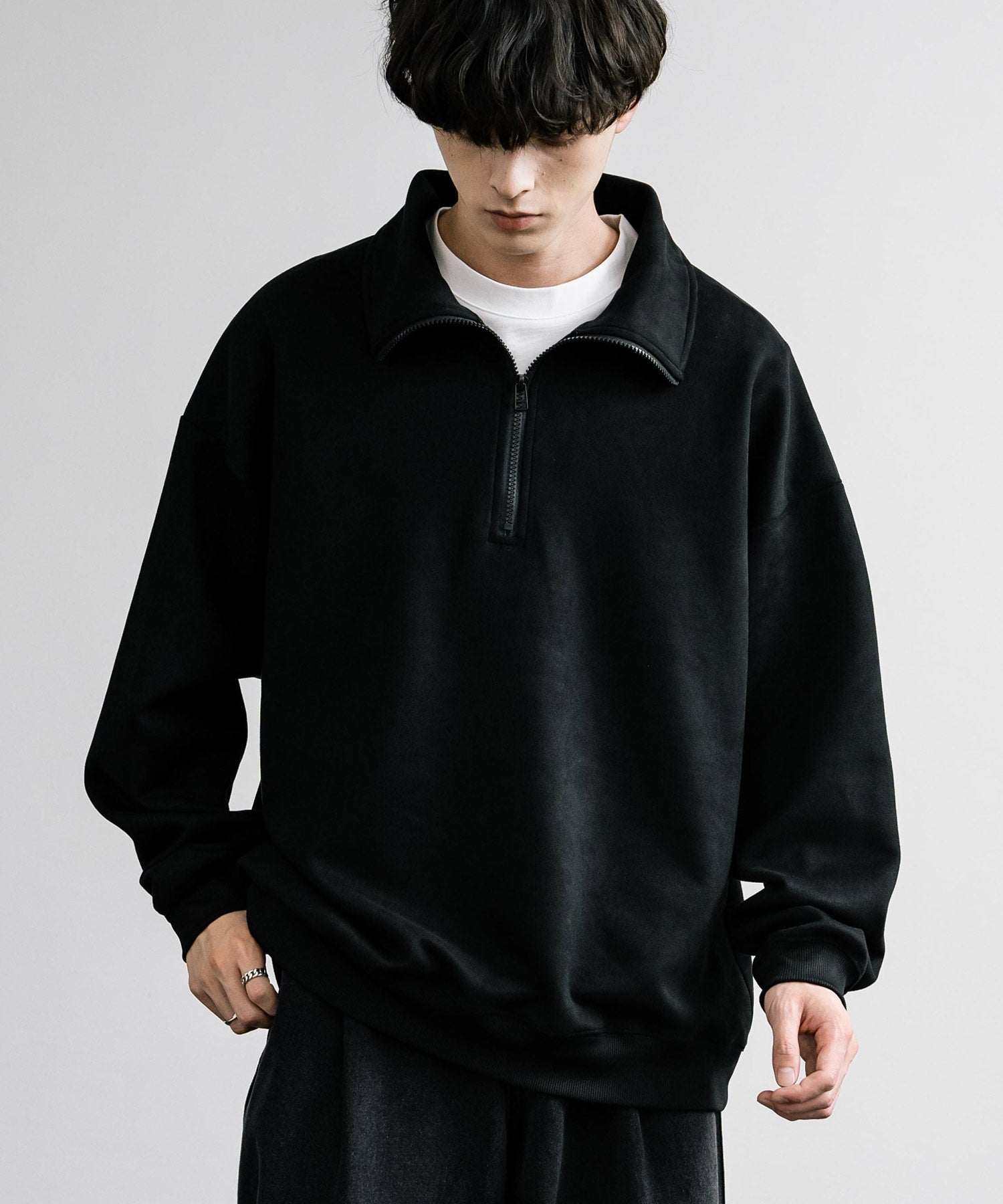 Rocky Monroe Half Zip Trainer Fake Suede Men's Women's Long Sleeve Pullover Oversized Loose Fleece Stretch Plain Simple 13774