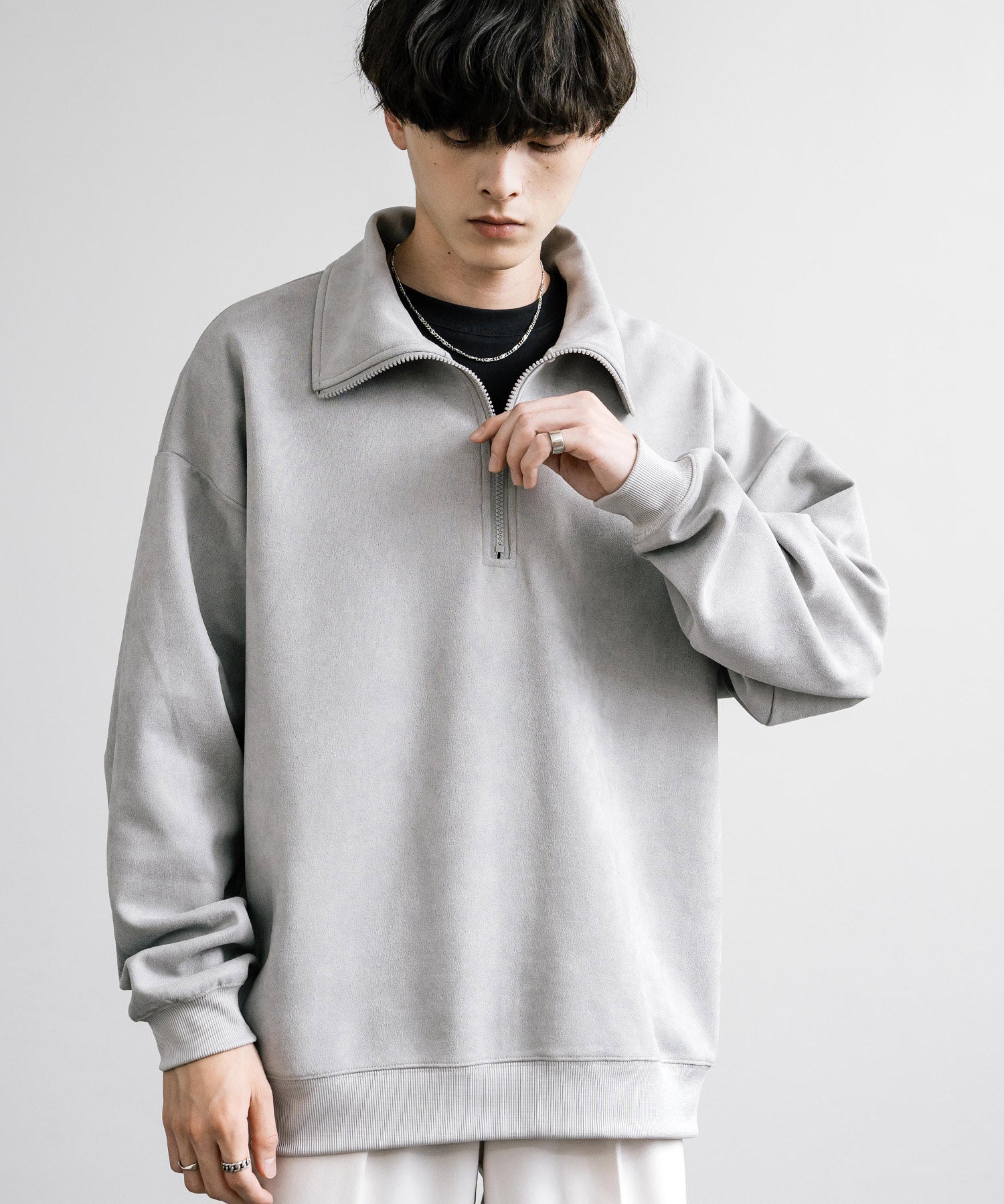 Rocky Monroe Half Zip Trainer Fake Suede Men's Women's Long Sleeve Pullover Oversized Loose Fleece Stretch Plain Simple 13774