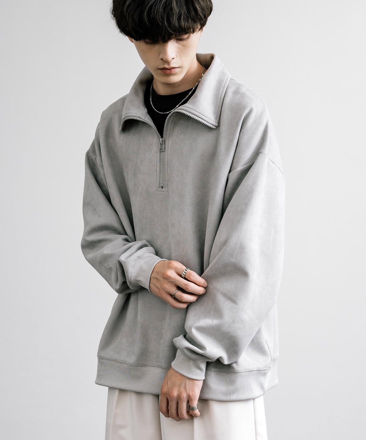 Rocky Monroe Half Zip Trainer Fake Suede Men's Women's Long Sleeve Pullover Oversized Loose Fleece Stretch Plain Simple 13774
