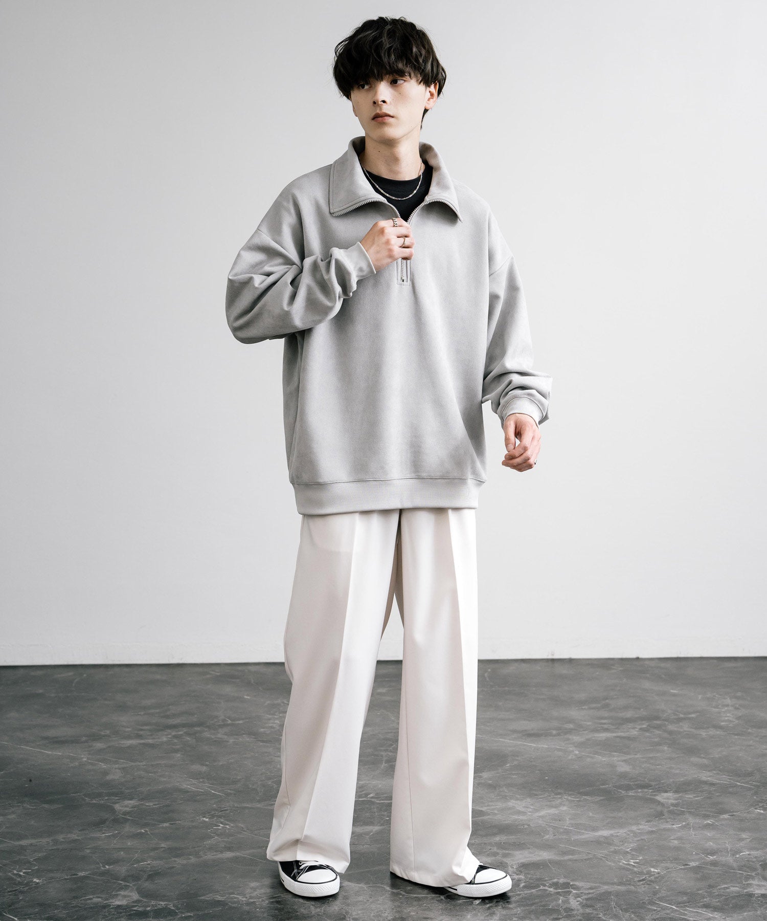 Rocky Monroe Half Zip Trainer Fake Suede Men's Women's Long Sleeve Pullover Oversized Loose Fleece Stretch Plain Simple 13774