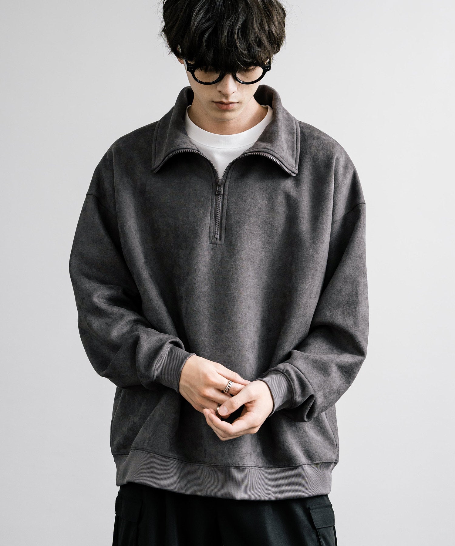 Rocky Monroe Half Zip Trainer Fake Suede Men's Women's Long Sleeve Pullover Oversized Loose Fleece Stretch Plain Simple 13774