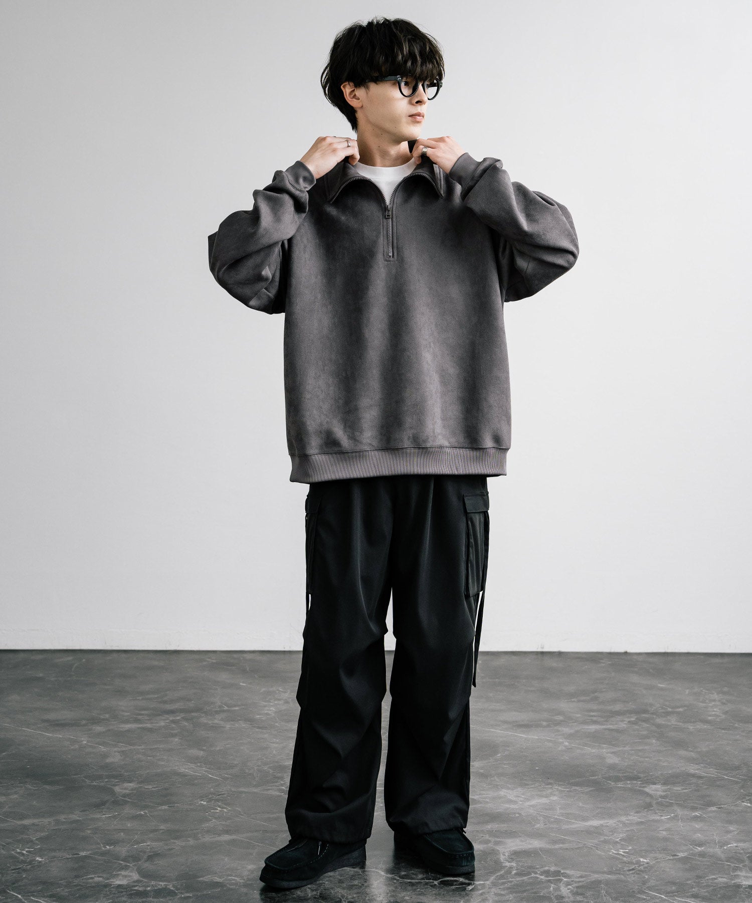 Rocky Monroe Half Zip Trainer Fake Suede Men's Women's Long Sleeve Pullover Oversized Loose Fleece Stretch Plain Simple 13774