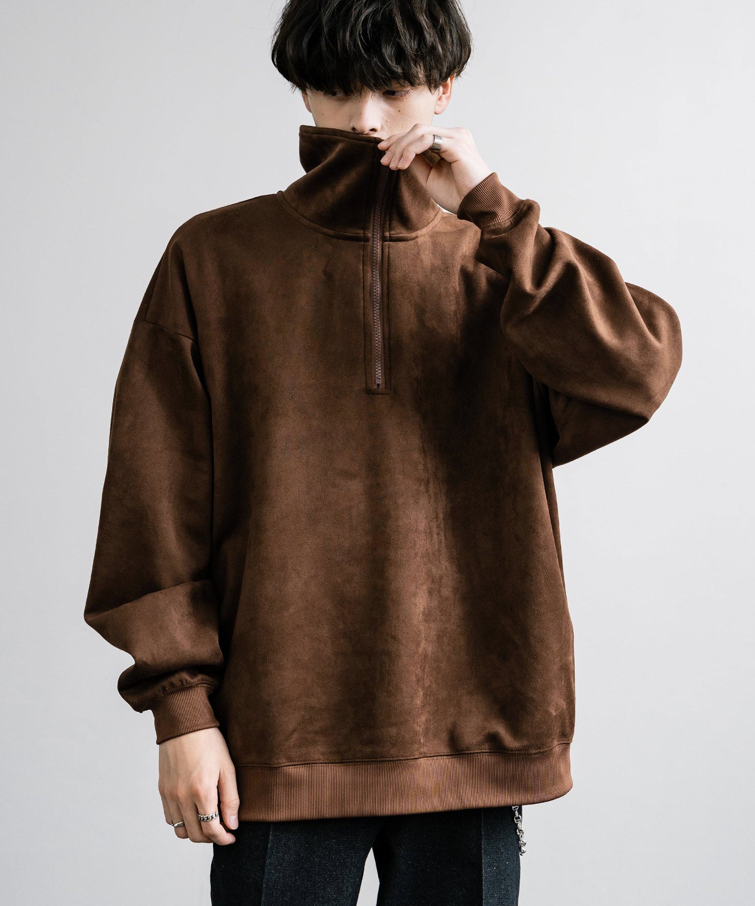 Rocky Monroe Half Zip Trainer Fake Suede Men's Women's Long Sleeve Pullover Oversized Loose Fleece Stretch Plain Simple 13774