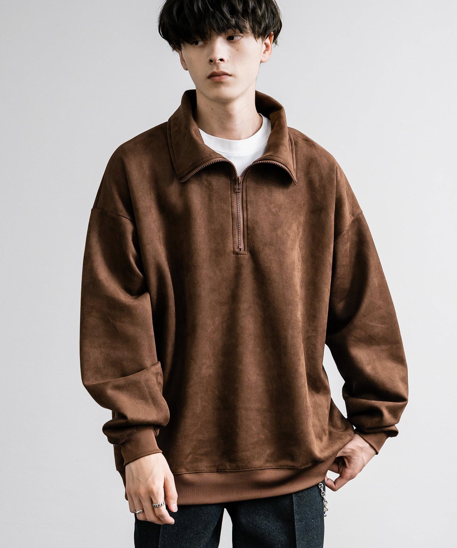 Rocky Monroe Half Zip Trainer Fake Suede Men's Women's Long Sleeve Pullover Oversized Loose Fleece Stretch Plain Simple 13774
