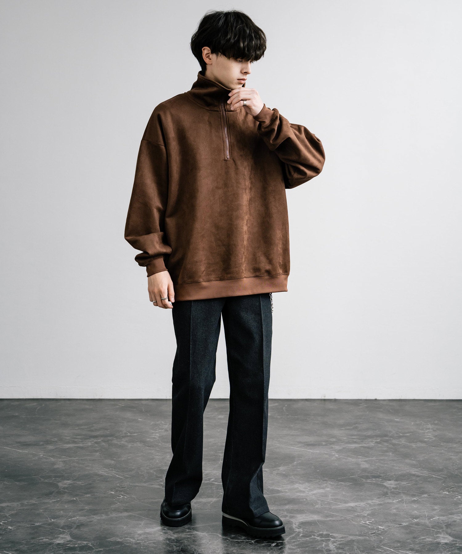Rocky Monroe Half Zip Trainer Fake Suede Men's Women's Long Sleeve Pullover Oversized Loose Fleece Stretch Plain Simple 13774