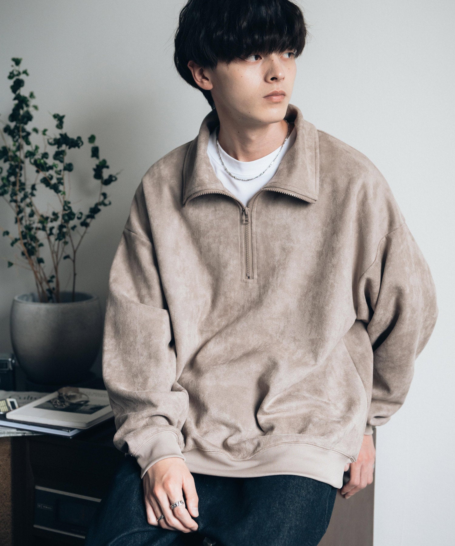 Rocky Monroe Half Zip Trainer Fake Suede Men's Women's Long Sleeve Pullover Oversized Loose Fleece Stretch Plain Simple 13774
