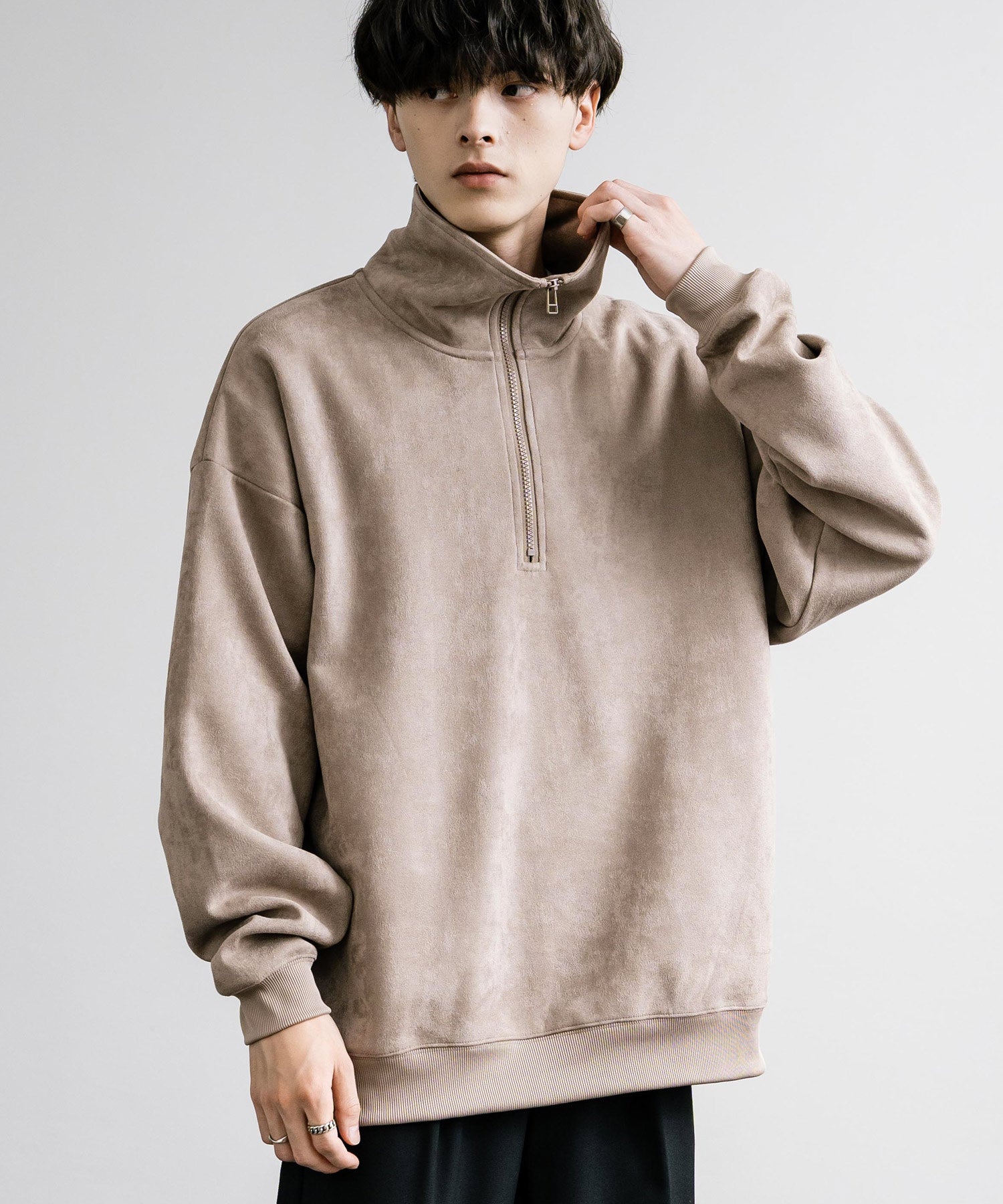 Rocky Monroe Half Zip Trainer Fake Suede Men's Women's Long Sleeve Pullover Oversized Loose Fleece Stretch Plain Simple 13774