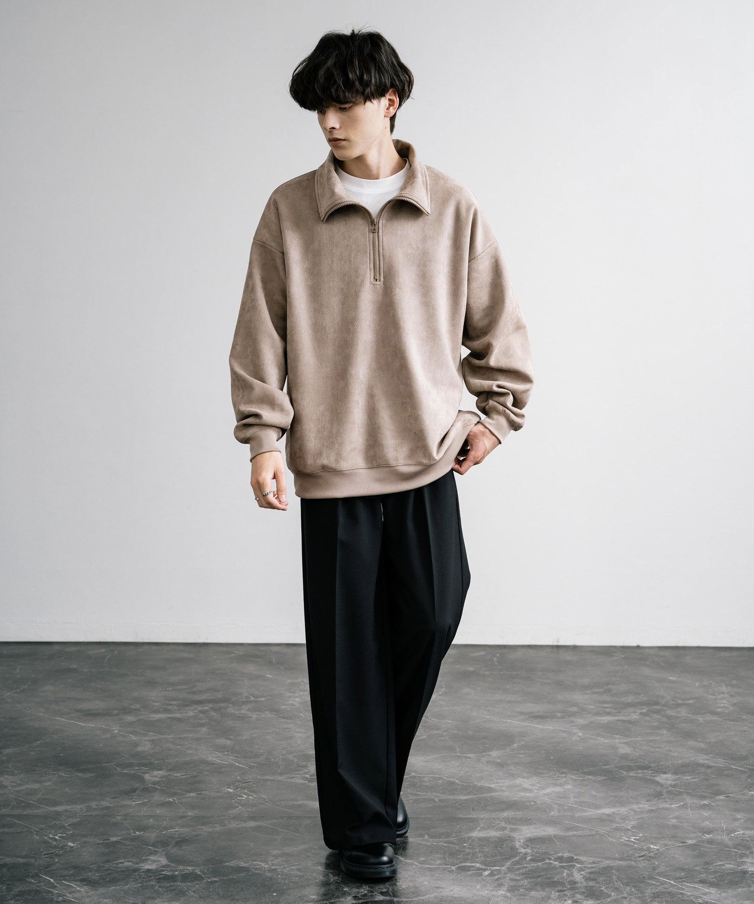 Rocky Monroe Half Zip Trainer Fake Suede Men's Women's Long Sleeve Pullover Oversized Loose Fleece Stretch Plain Simple 13774